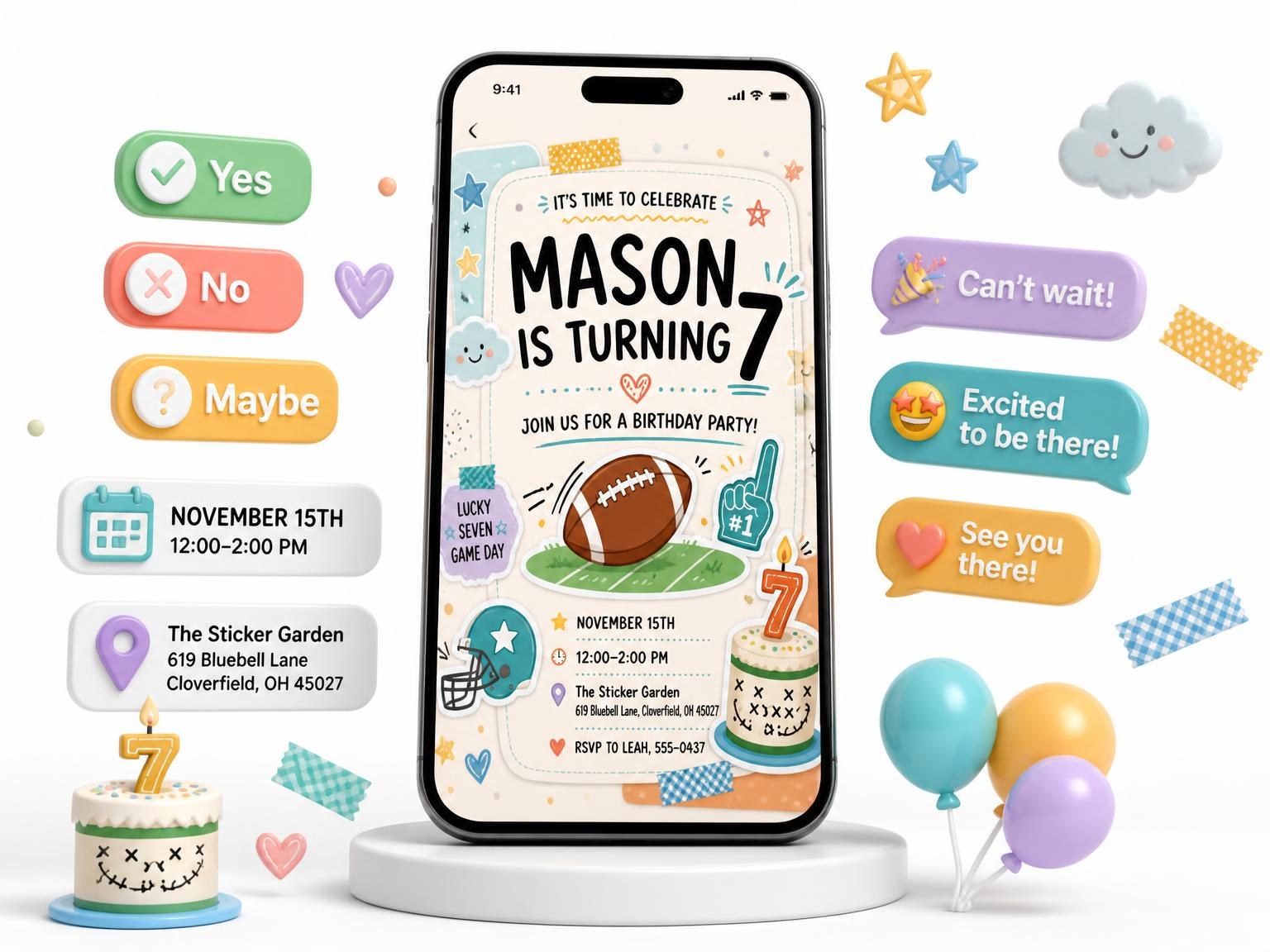 The Football Pastel 7th Birthday Invitation invitation on a phone, with guest RSVPs arriving around it