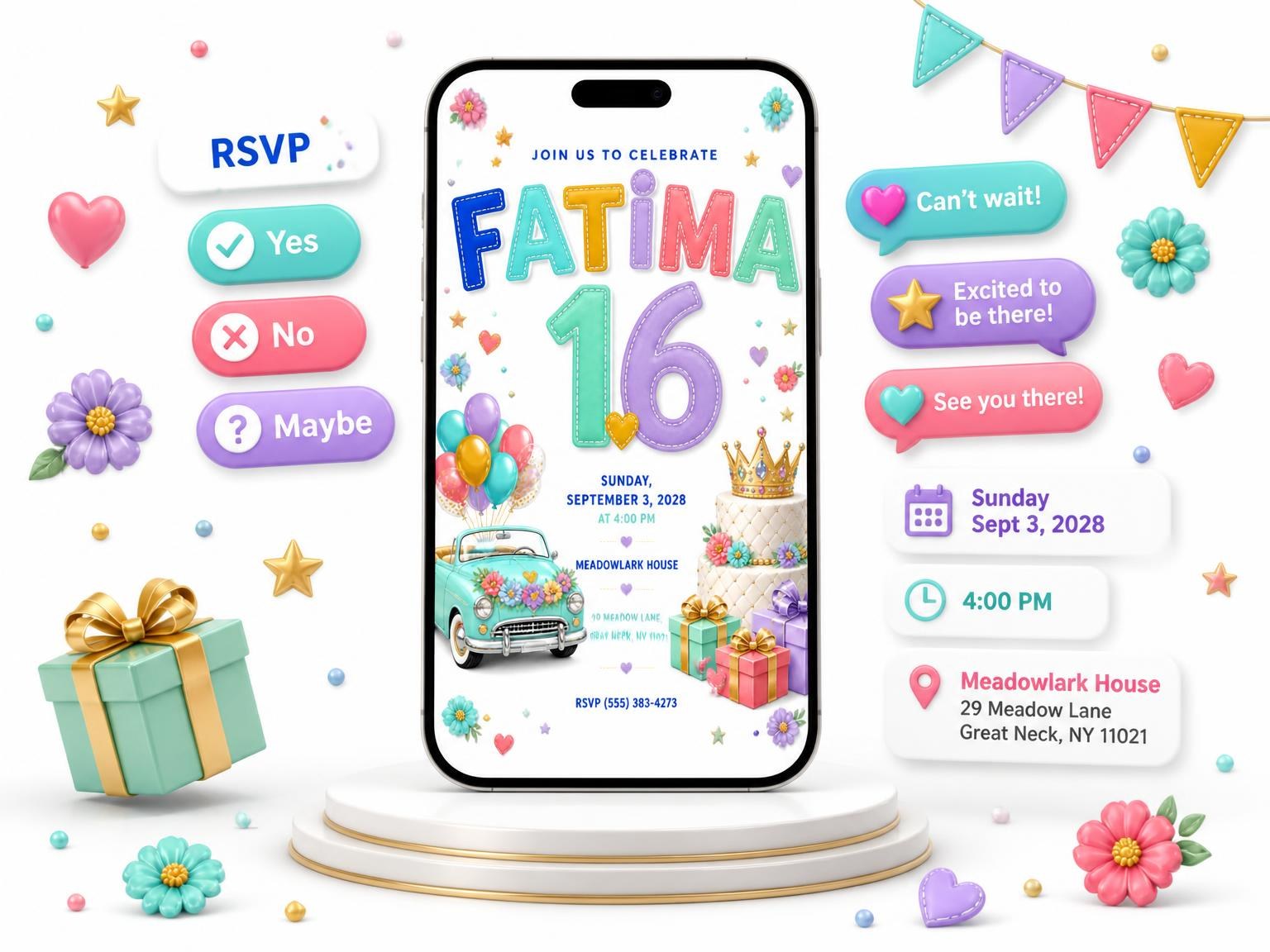 The Vintage Convertible 16th Birthday Invitation invitation on a phone, with guest RSVPs arriving around it