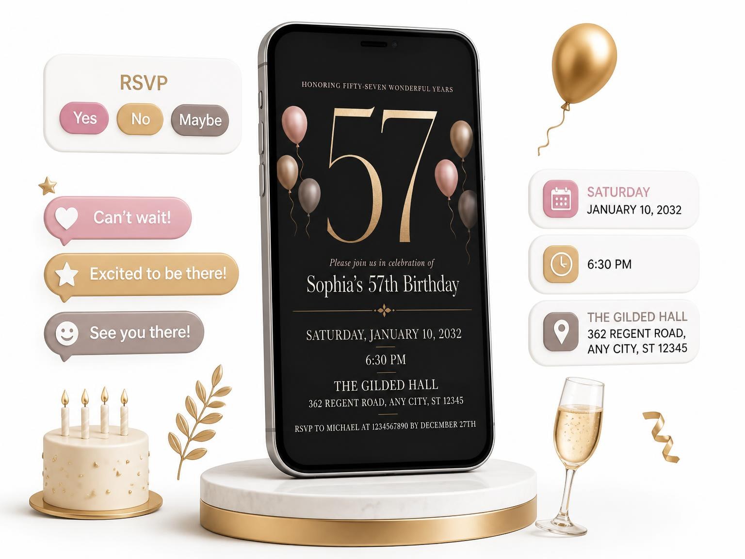 The Charcoal and Blush 57th Birthday Invitation invitation on a phone, with guest RSVPs arriving around it