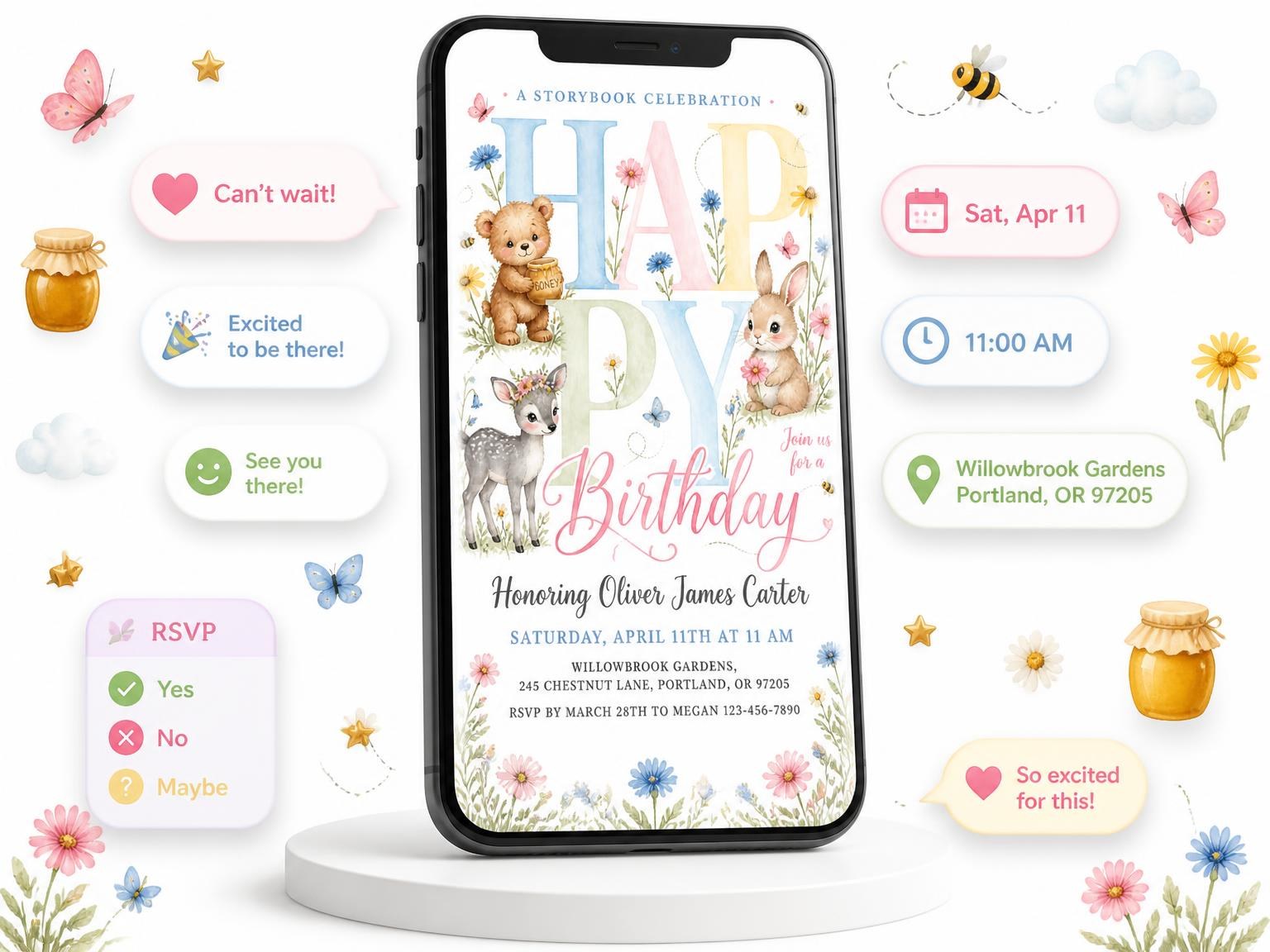 The Watercolor Woodland Animal Birthday Invitation invitation on a phone, with guest RSVPs arriving around it