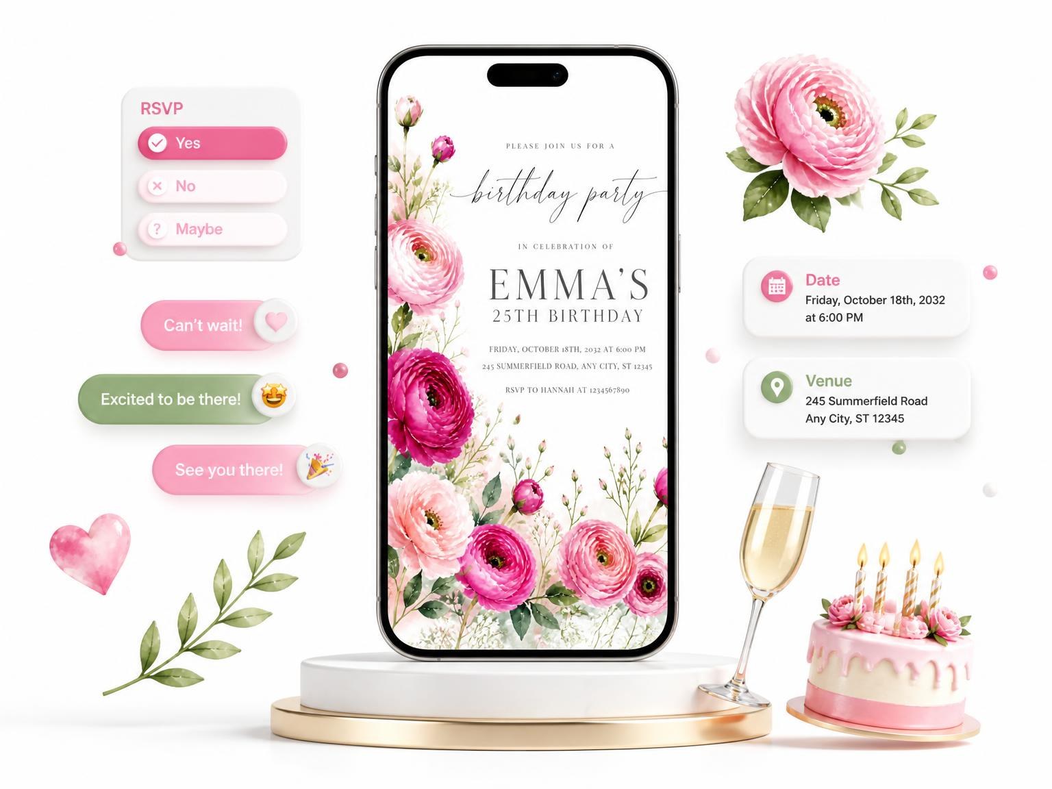The Fuchsia Ranunculus Floral 25th Birthday Invitation invitation on a phone, with guest RSVPs arriving around it