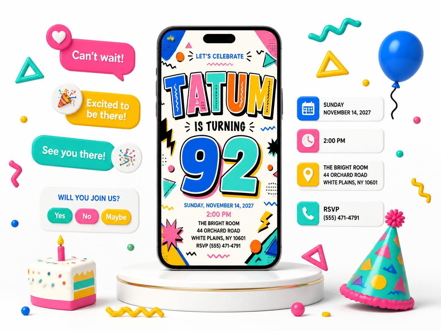 The Memphis Pop 92nd Birthday Invitation invitation on a phone, with guest RSVPs arriving around it