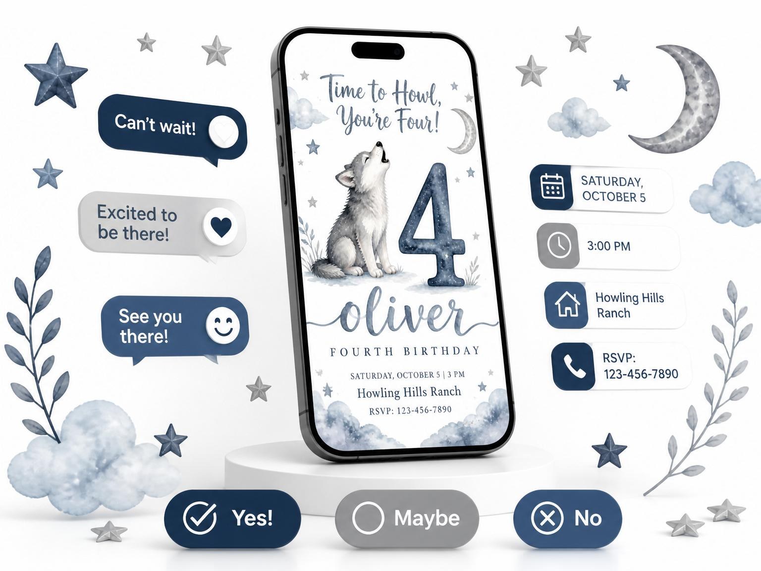 The Charcoal Watercolor Wolf 4th Birthday invitation on a phone, with guest RSVPs arriving around it