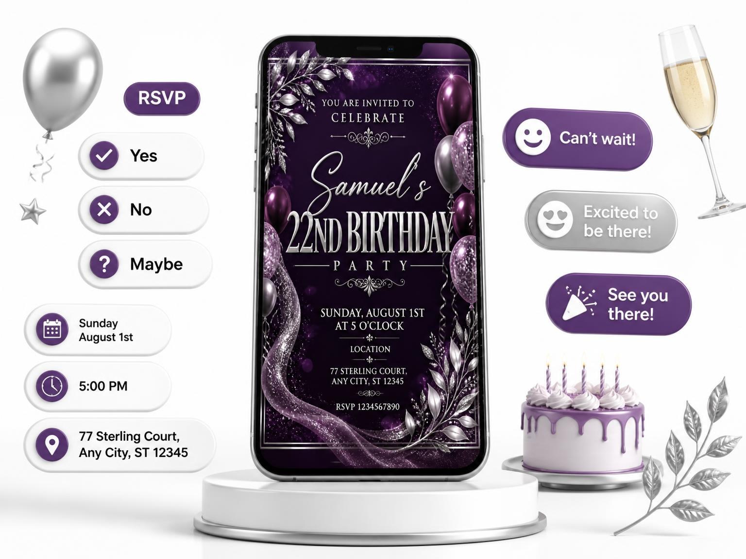 The Plum and Silver 22nd Birthday Invitation invitation on a phone, with guest RSVPs arriving around it