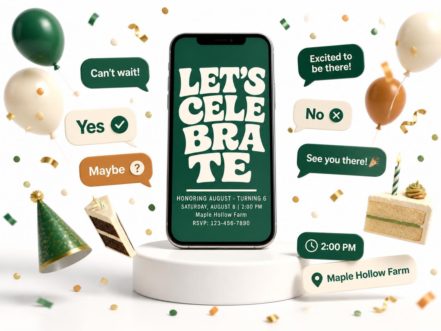 The Forest Green Bubble Letter Birthday invitation on a phone, with guest RSVPs arriving around it