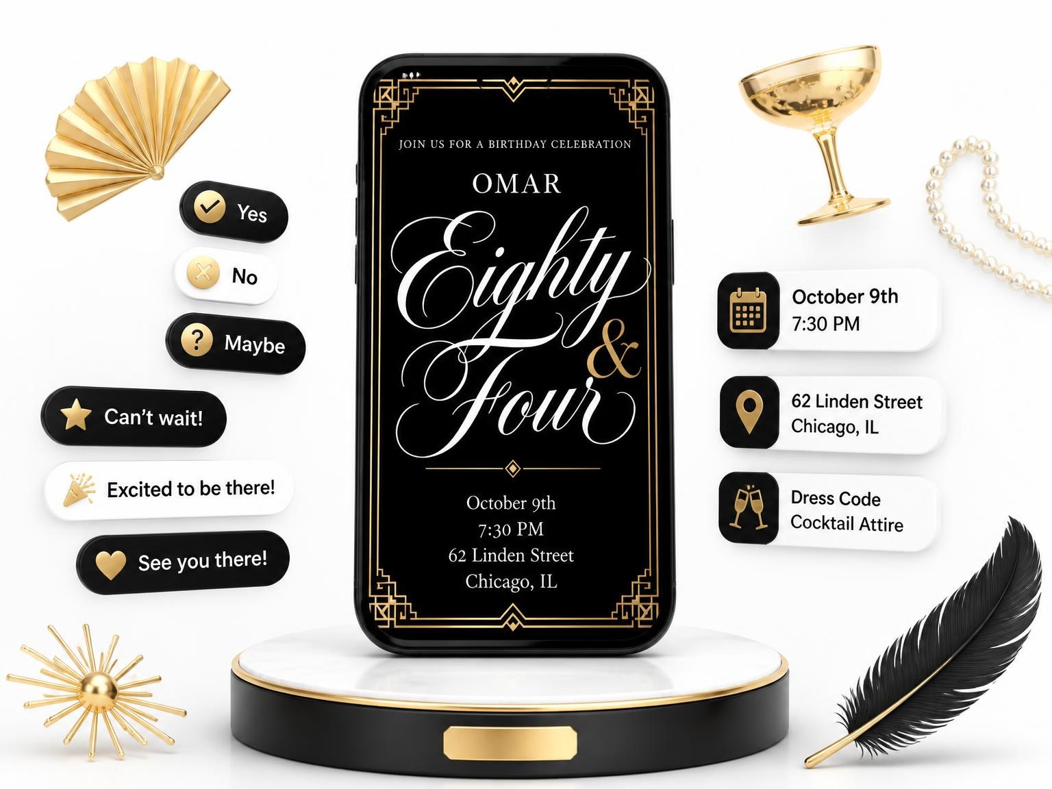 The Art Deco 84th Birthday Invitation invitation on a phone, with guest RSVPs arriving around it