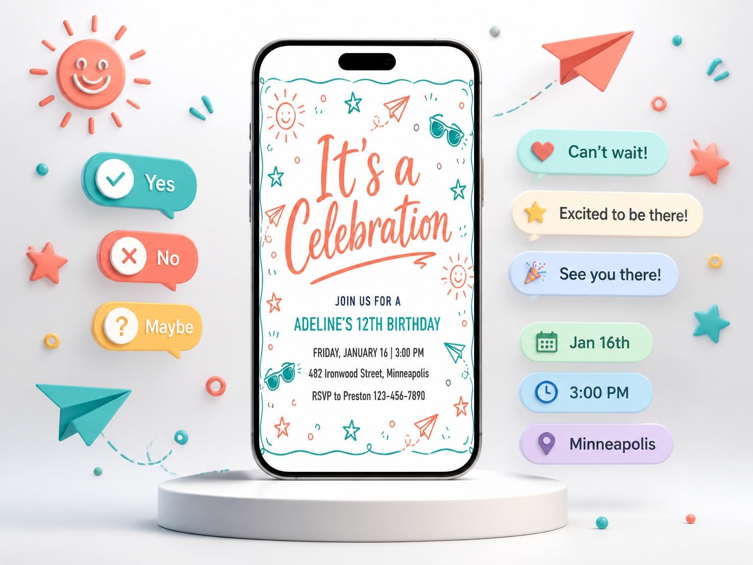 The Coral and Teal Doodle 12th Birthday invitation on a phone, with guest RSVPs arriving around it