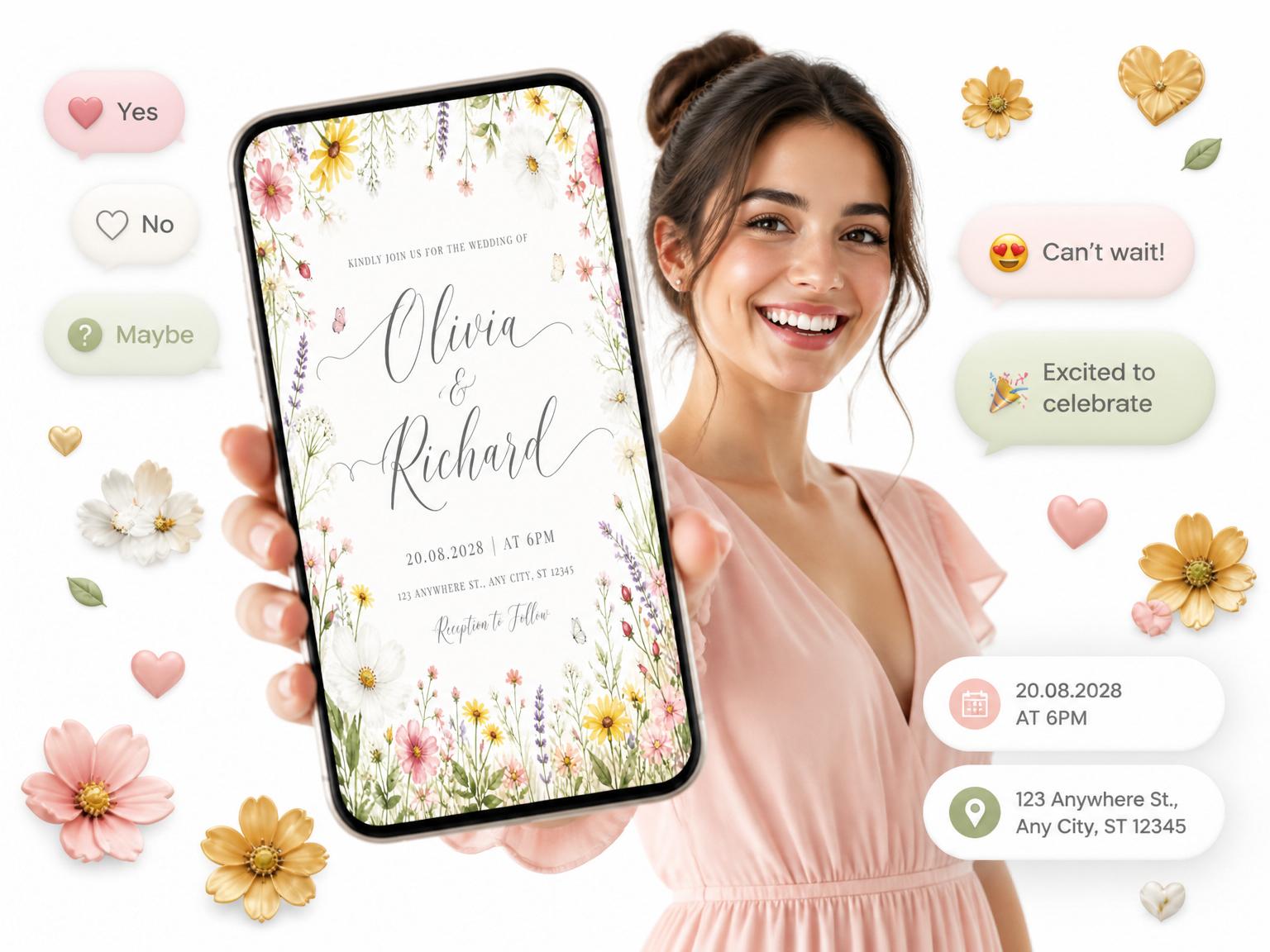 The Wildflower Meadow Botanical Wedding Invitation invitation on a phone, with guest RSVPs arriving around it