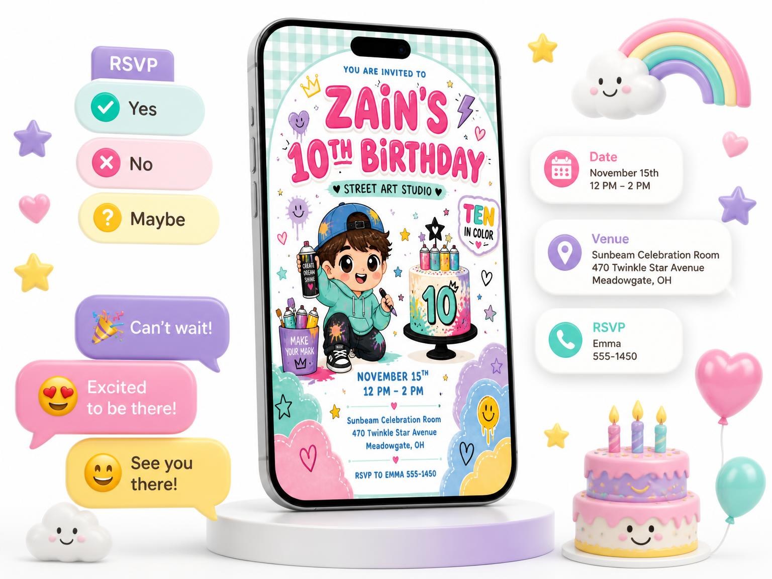 The Art Bucket Kawaii 10th Birthday Invitation invitation on a phone, with guest RSVPs arriving around it