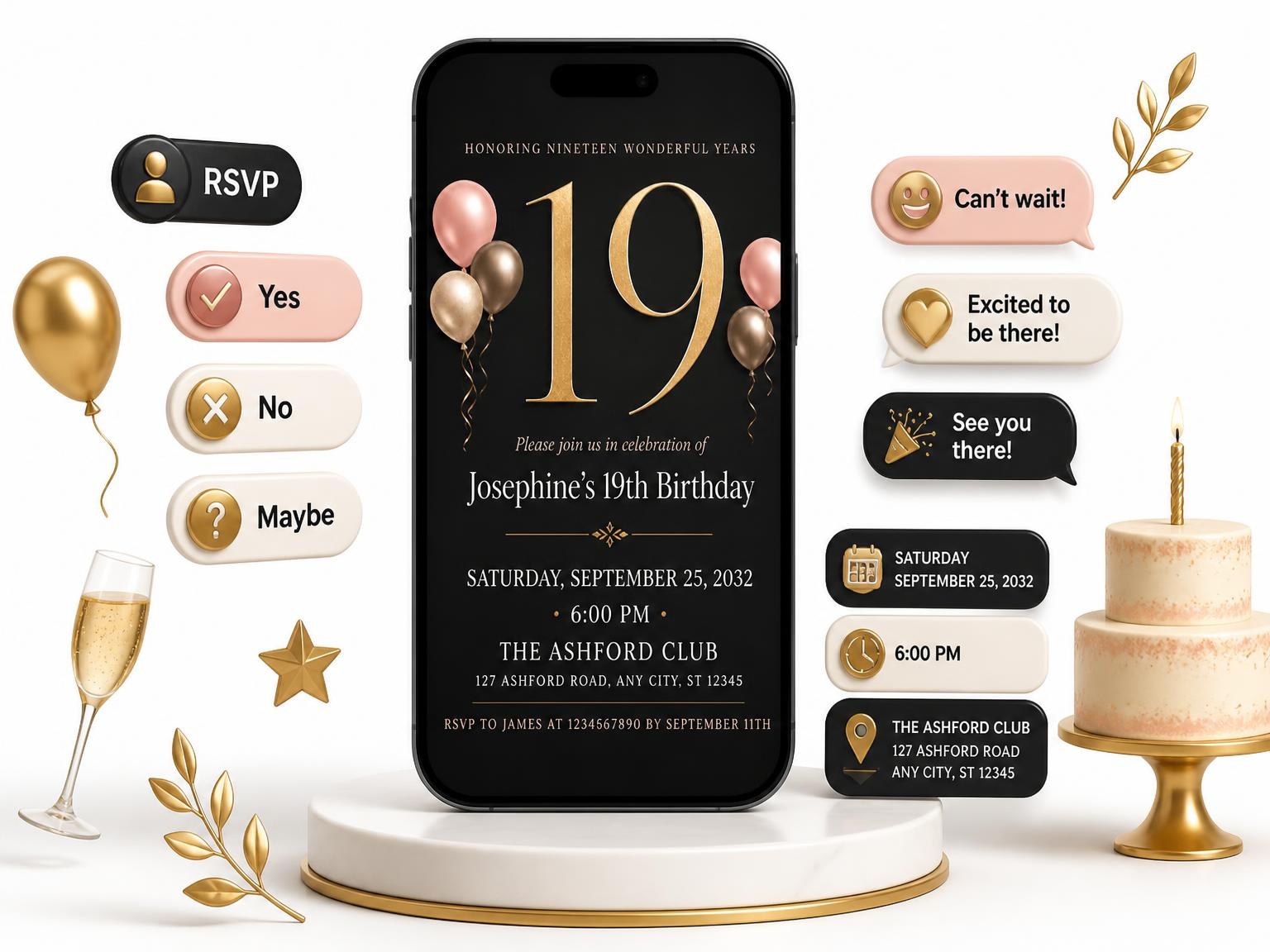 The Charcoal and Blush 19th Birthday Invitation invitation on a phone, with guest RSVPs arriving around it