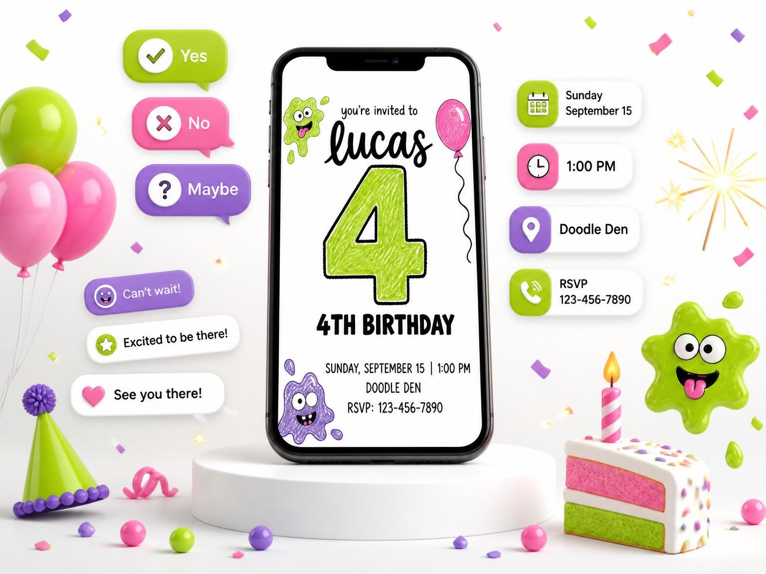 The Neon Slime Doodle 4th Birthday Party invitation on a phone, with guest RSVPs arriving around it