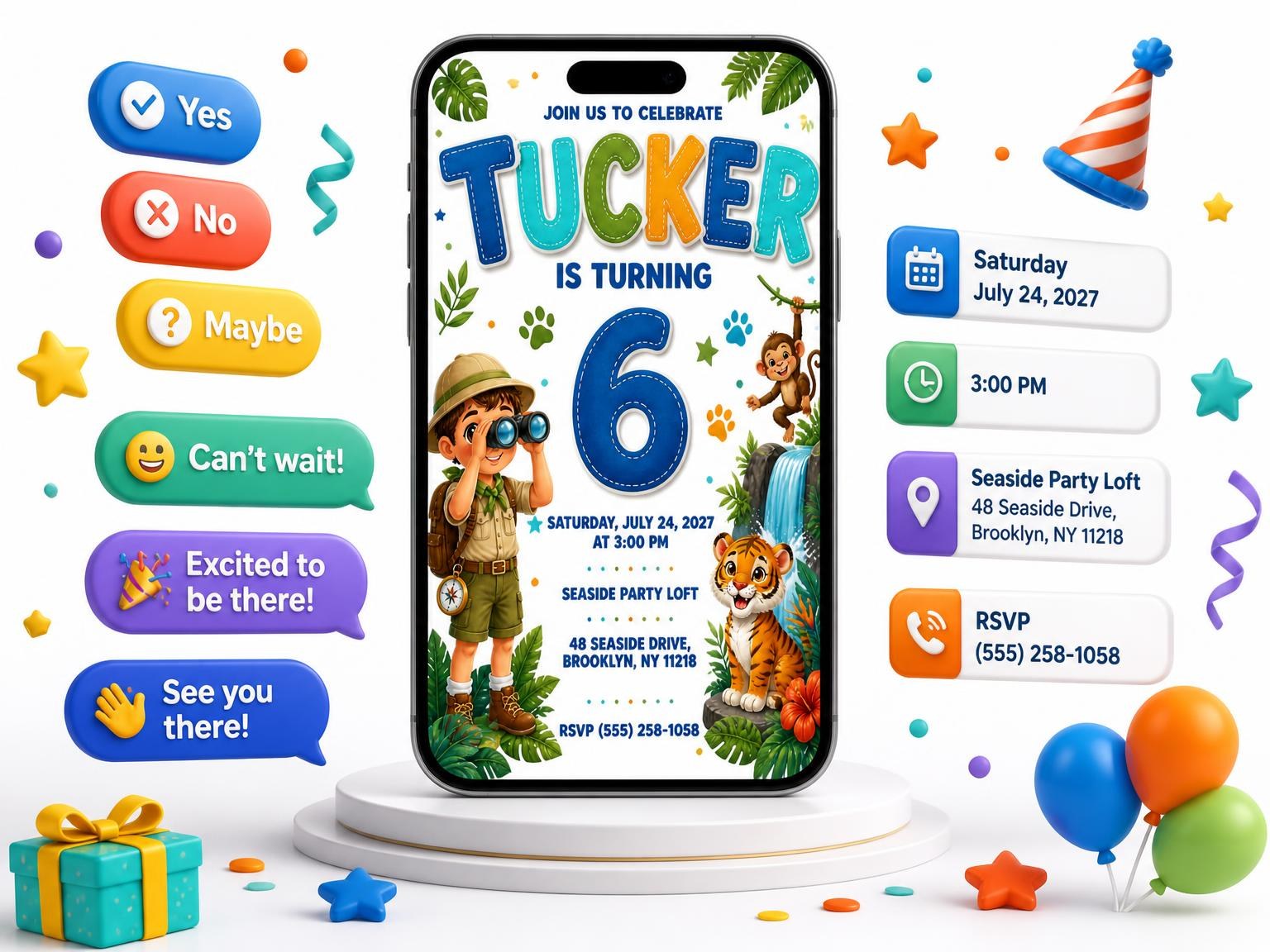 The Stitched Jungle Safari 6th Birthday Invitation invitation on a phone, with guest RSVPs arriving around it