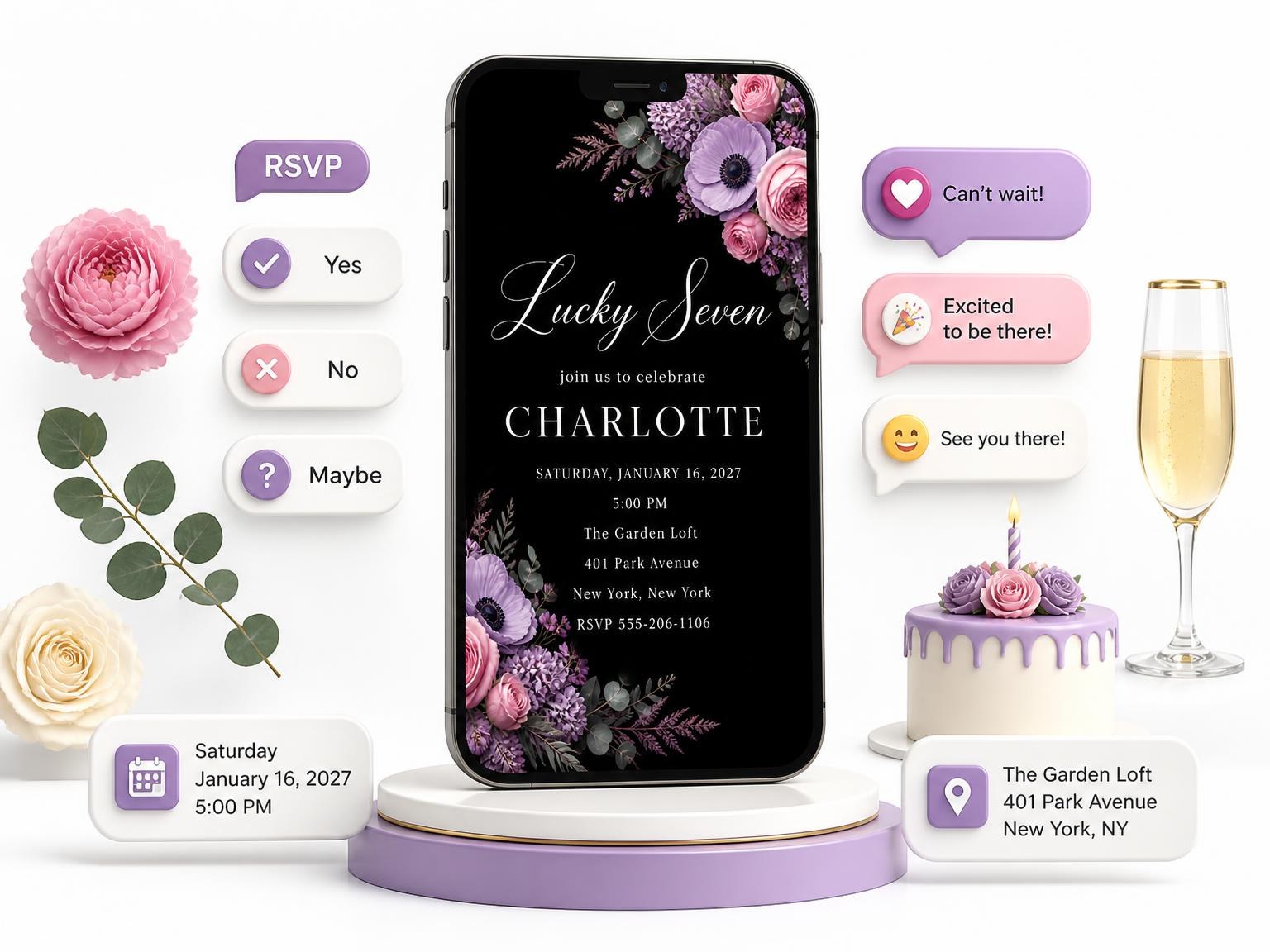 The Black Floral 7th Birthday Invitation invitation on a phone, with guest RSVPs arriving around it