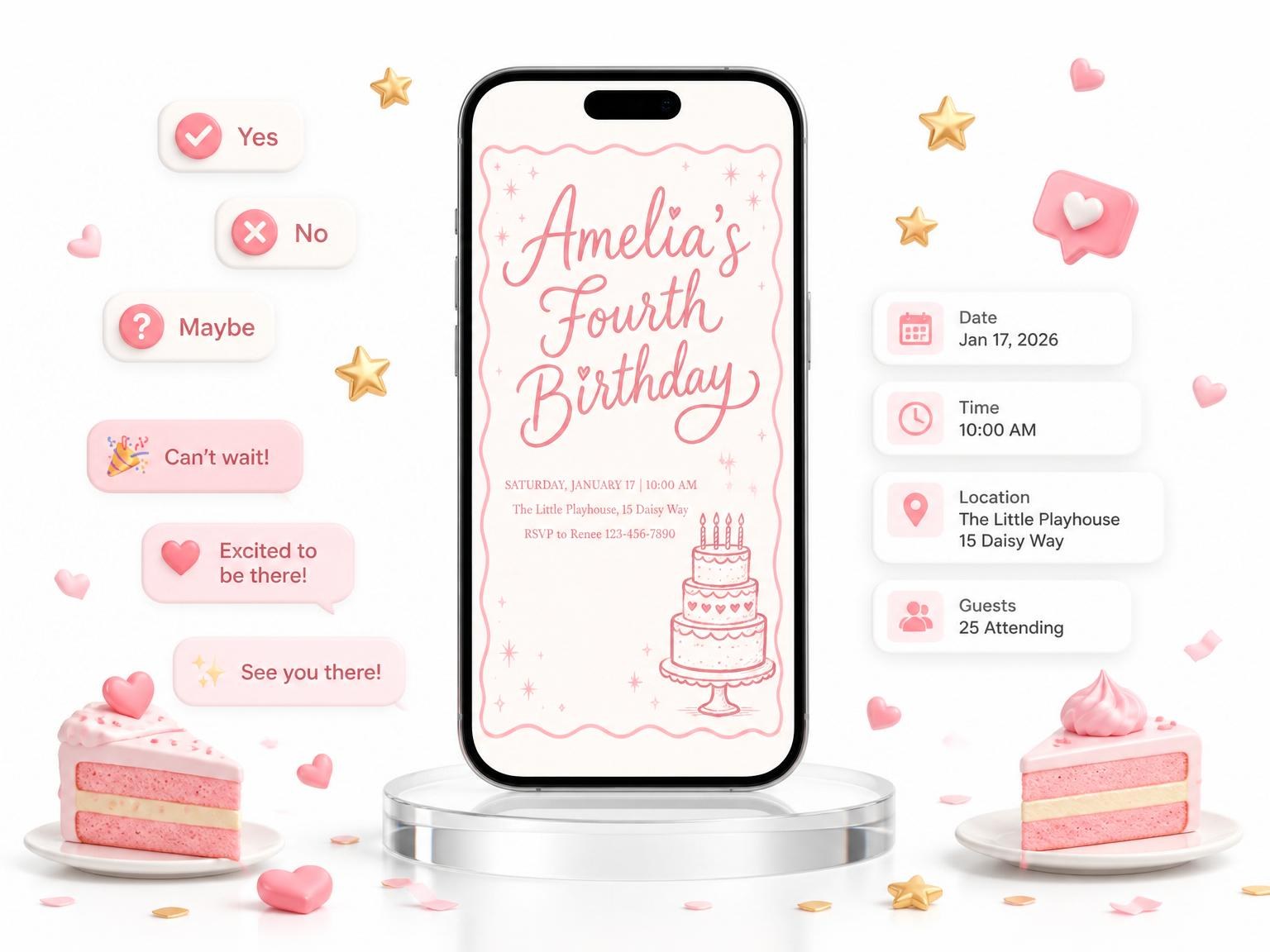 The Blush Pink Cake 4th Birthday Invitation invitation on a phone, with guest RSVPs arriving around it