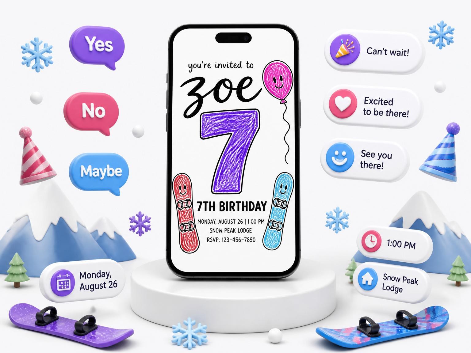 The Crayon Snowboard Illustration 7th Birthday Invitation invitation on a phone, with guest RSVPs arriving around it