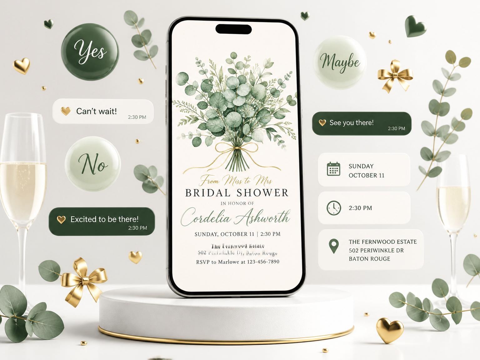 The Watercolor Eucalyptus Gold Ribbon Bridal Shower invitation on a phone, with guest RSVPs arriving around it