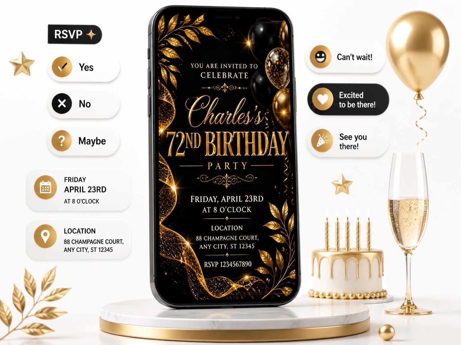 The Black and Gold 72nd Birthday Invitation invitation on a phone, with guest RSVPs arriving around it