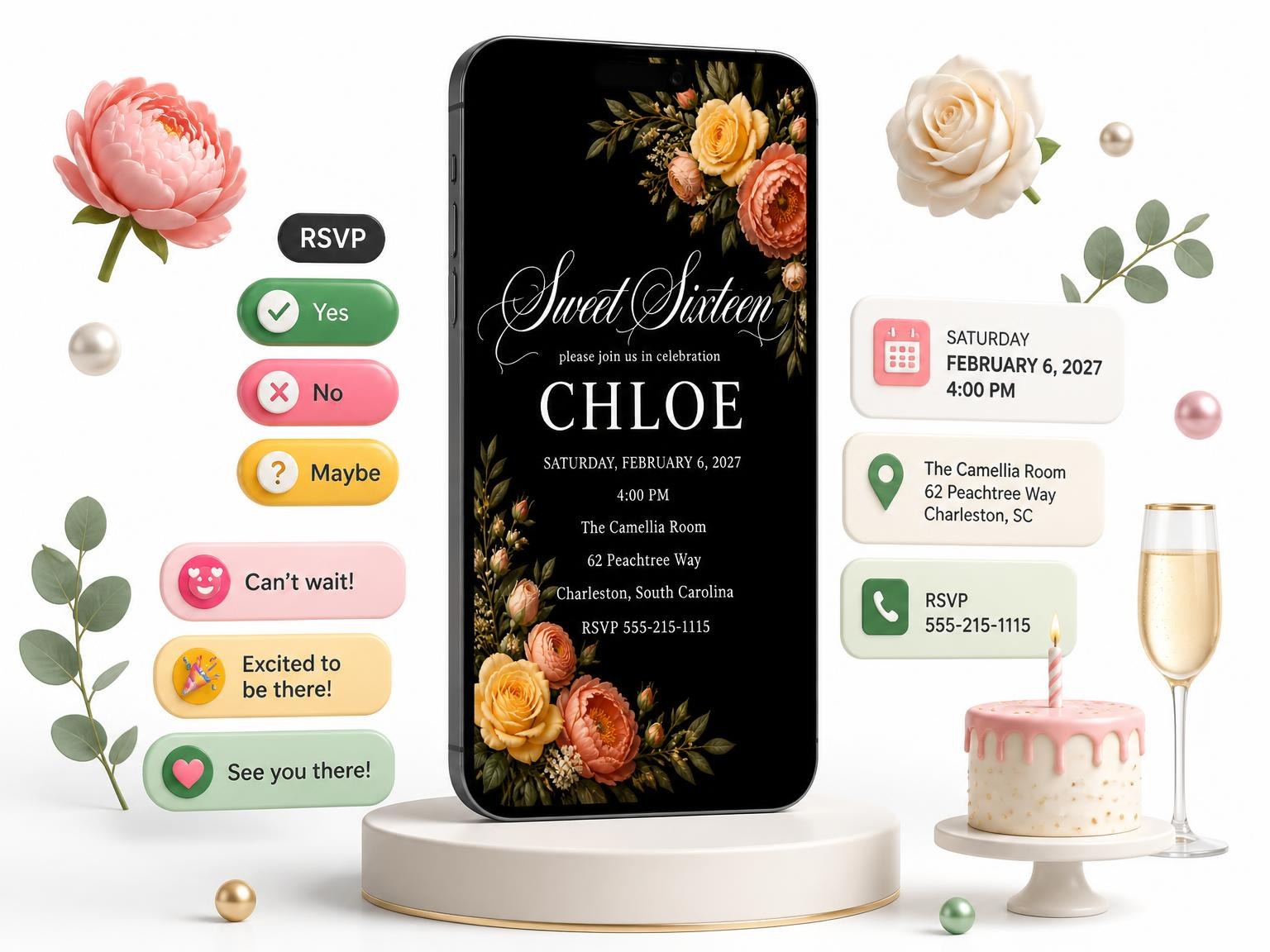 The Black Floral 16th Birthday Invitation invitation on a phone, with guest RSVPs arriving around it