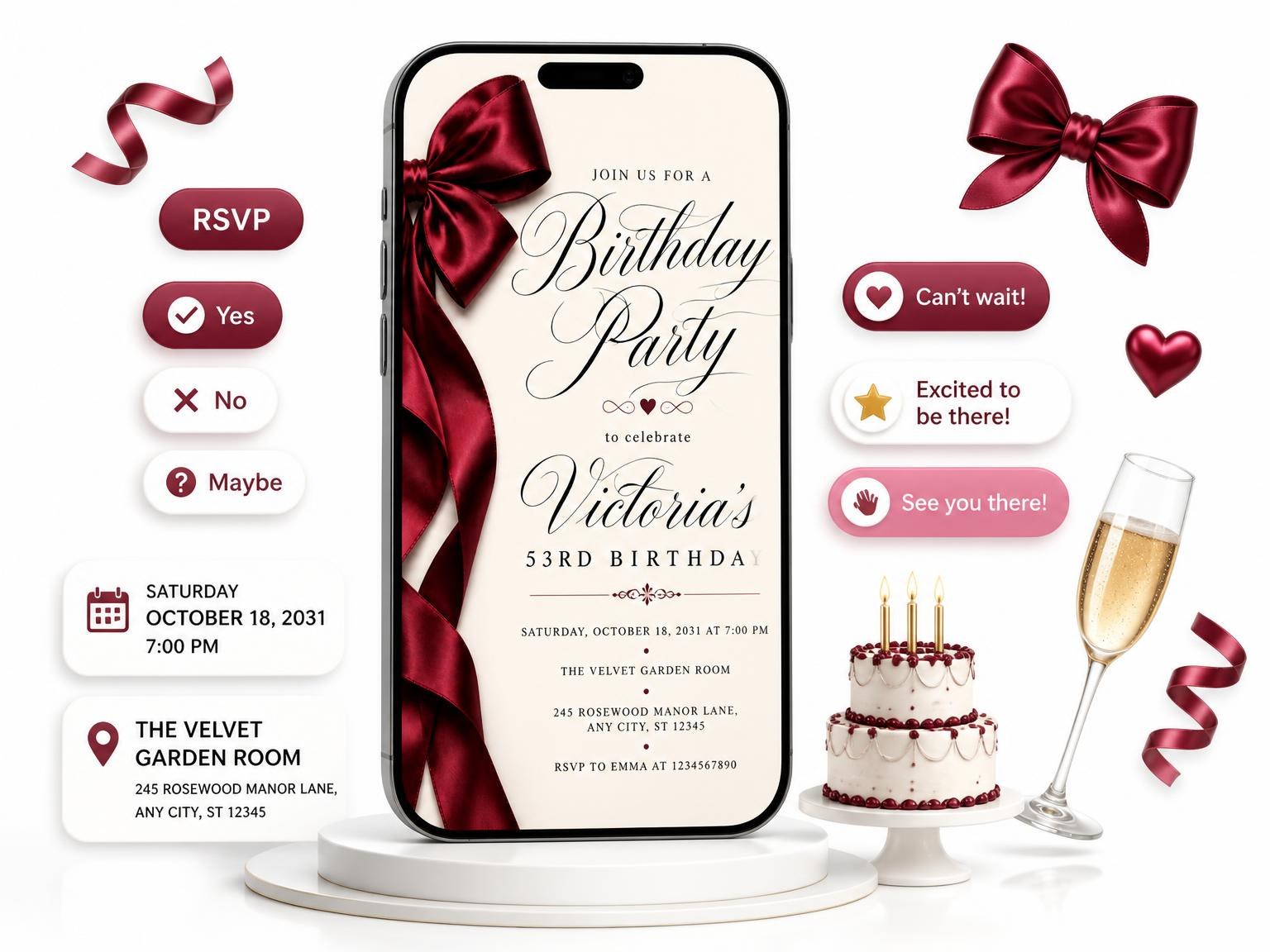 The Burgundy Satin Bow 53rd Birthday Invitation invitation on a phone, with guest RSVPs arriving around it