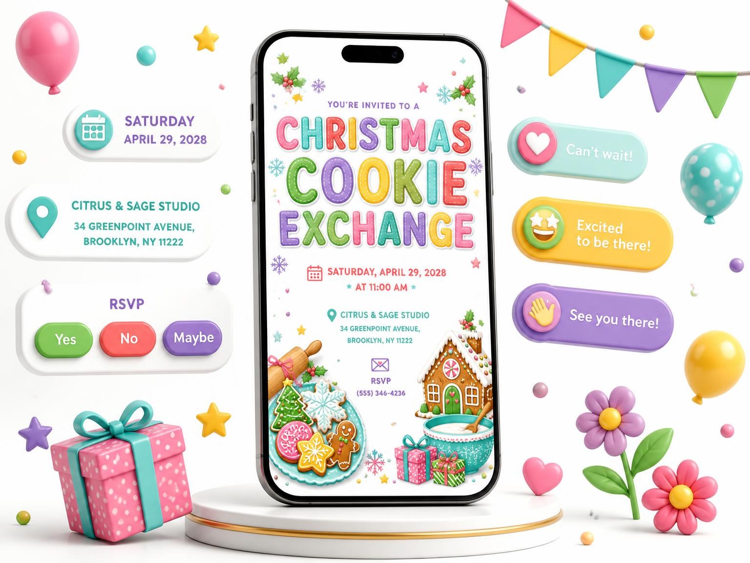 The Christmas Cookie Exchange Invitation invitation on a phone, with guest RSVPs arriving around it