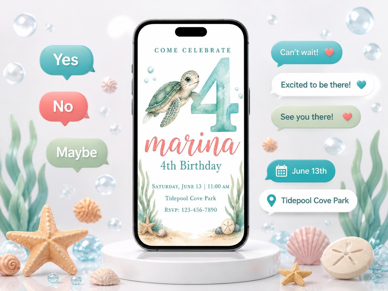 The Watercolor Sea Turtle 4th Birthday invitation on a phone, with guest RSVPs arriving around it