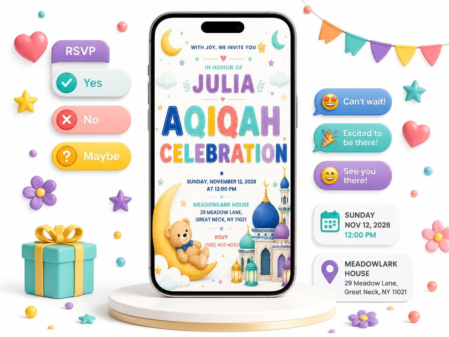 The Teddy Bear Aqiqah Invitation invitation on a phone, with guest RSVPs arriving around it
