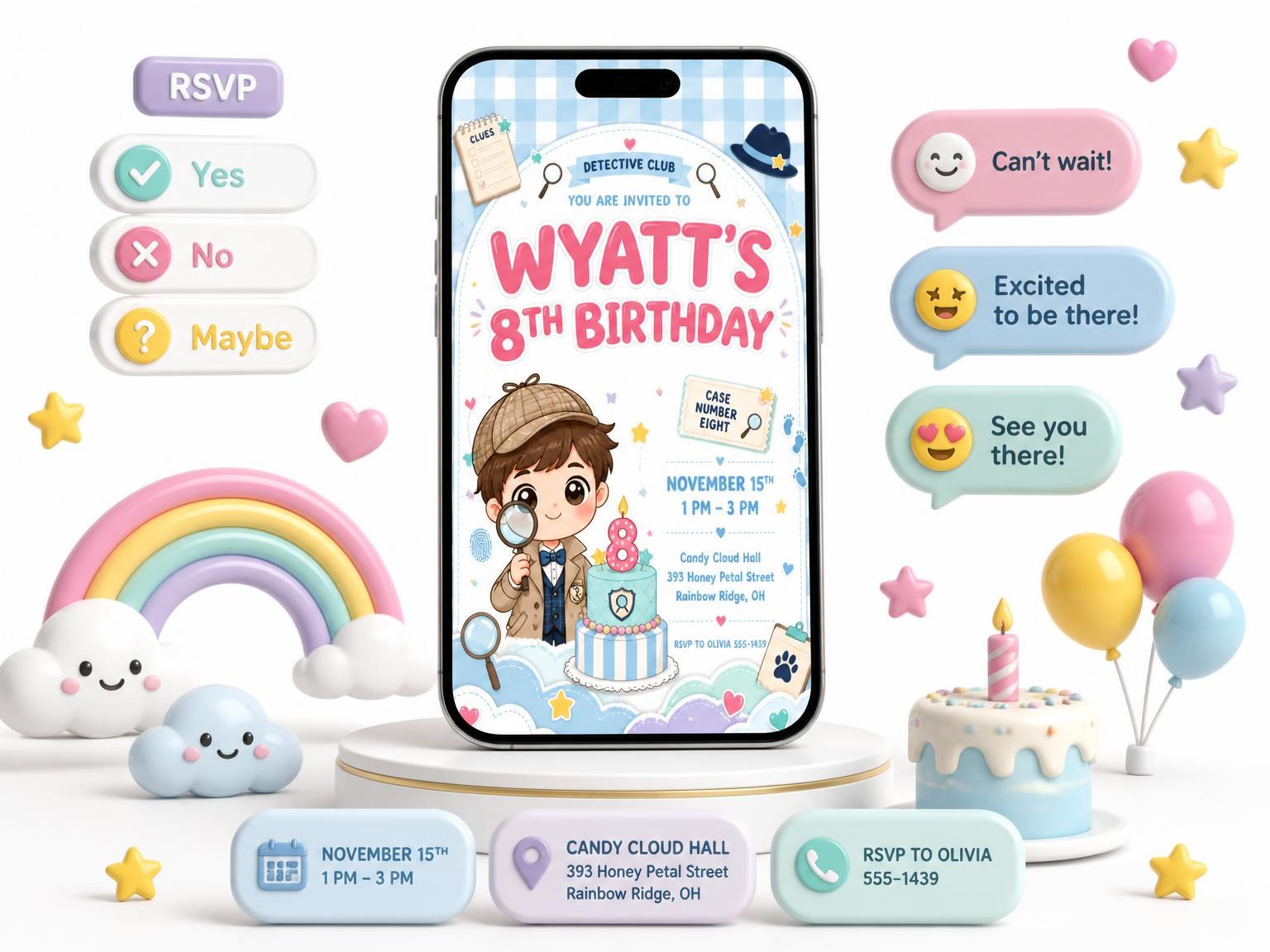 The Kawaii Detective Club 8th Birthday Invitation invitation on a phone, with guest RSVPs arriving around it