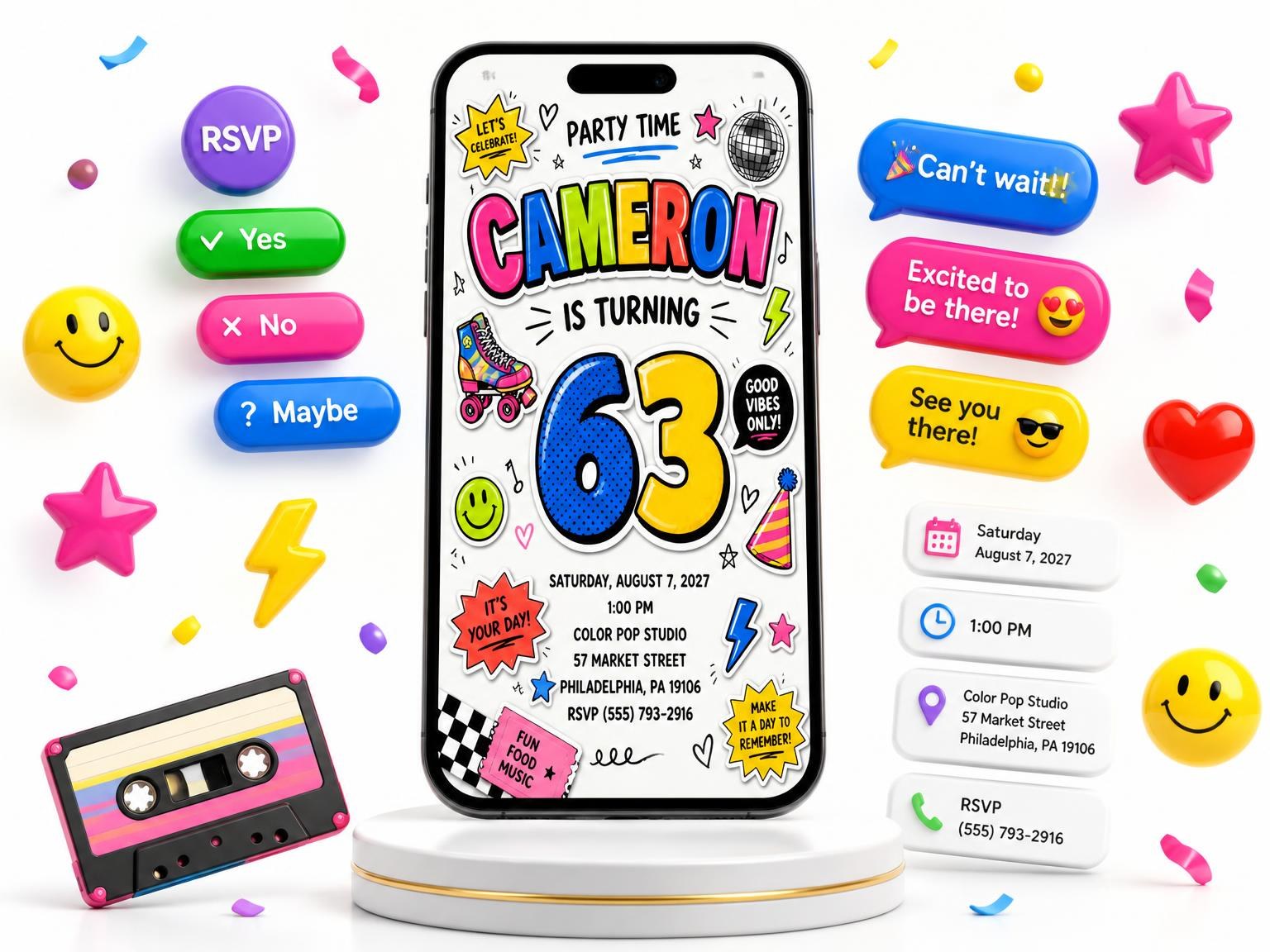 The Sticker Pop 63rd Birthday Invitation invitation on a phone, with guest RSVPs arriving around it