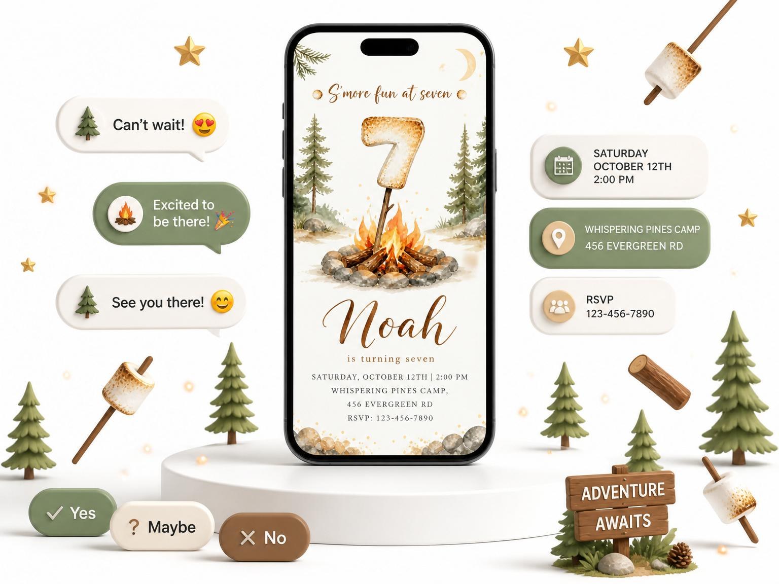 The Watercolor Campfire S'mores 7th Birthday invitation on a phone, with guest RSVPs arriving around it