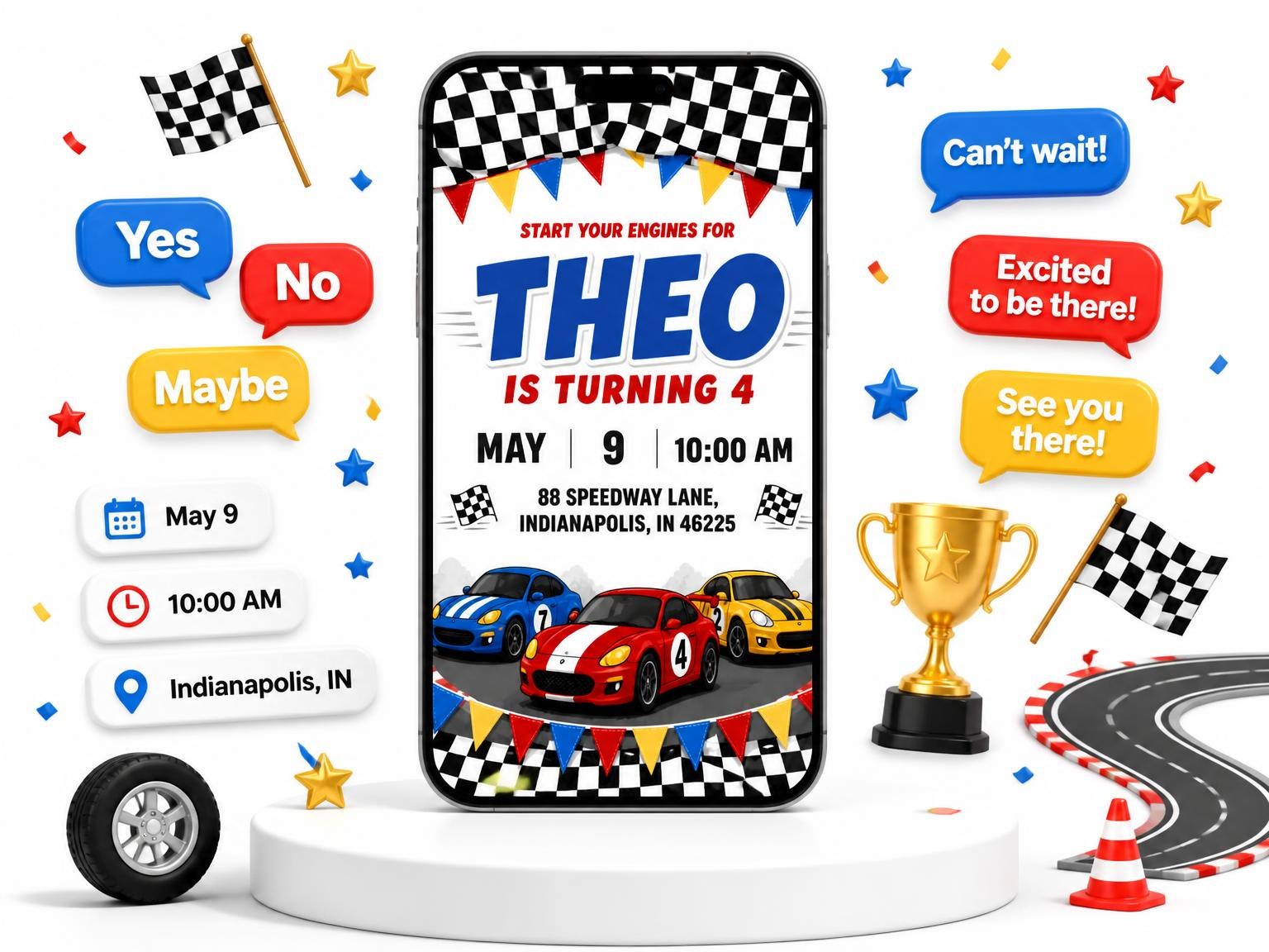 The Cartoon Race Car 4th Birthday Invitation invitation on a phone, with guest RSVPs arriving around it
