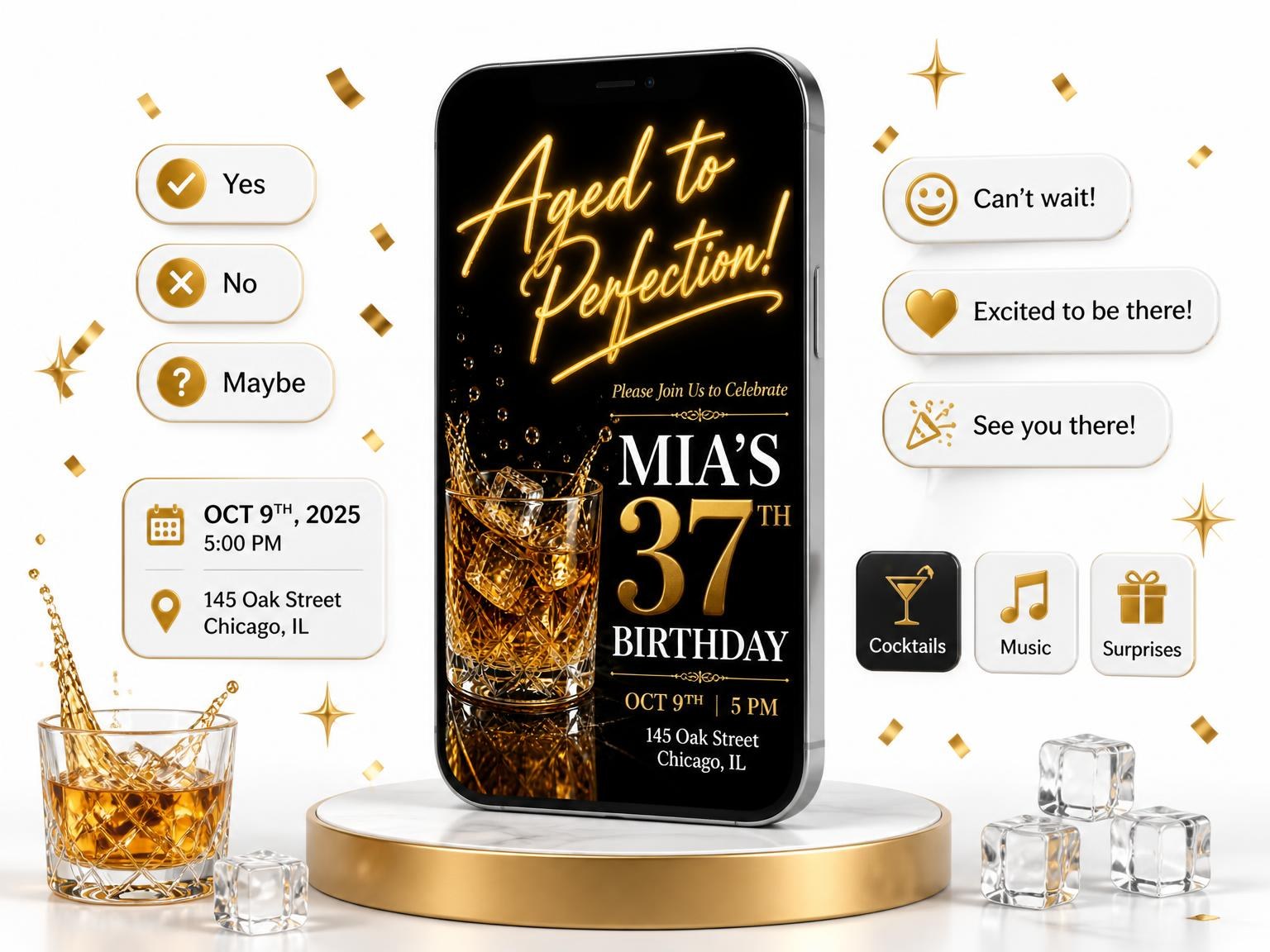 The Whiskey Lowball 37th Birthday Invitation invitation on a phone, with guest RSVPs arriving around it