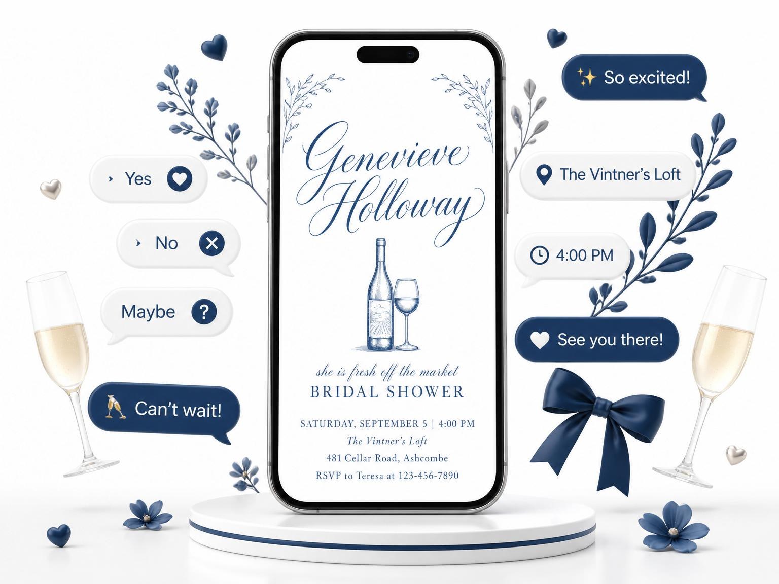 The Blue Ink Vineyard Bridal Shower invitation on a phone, with guest RSVPs arriving around it