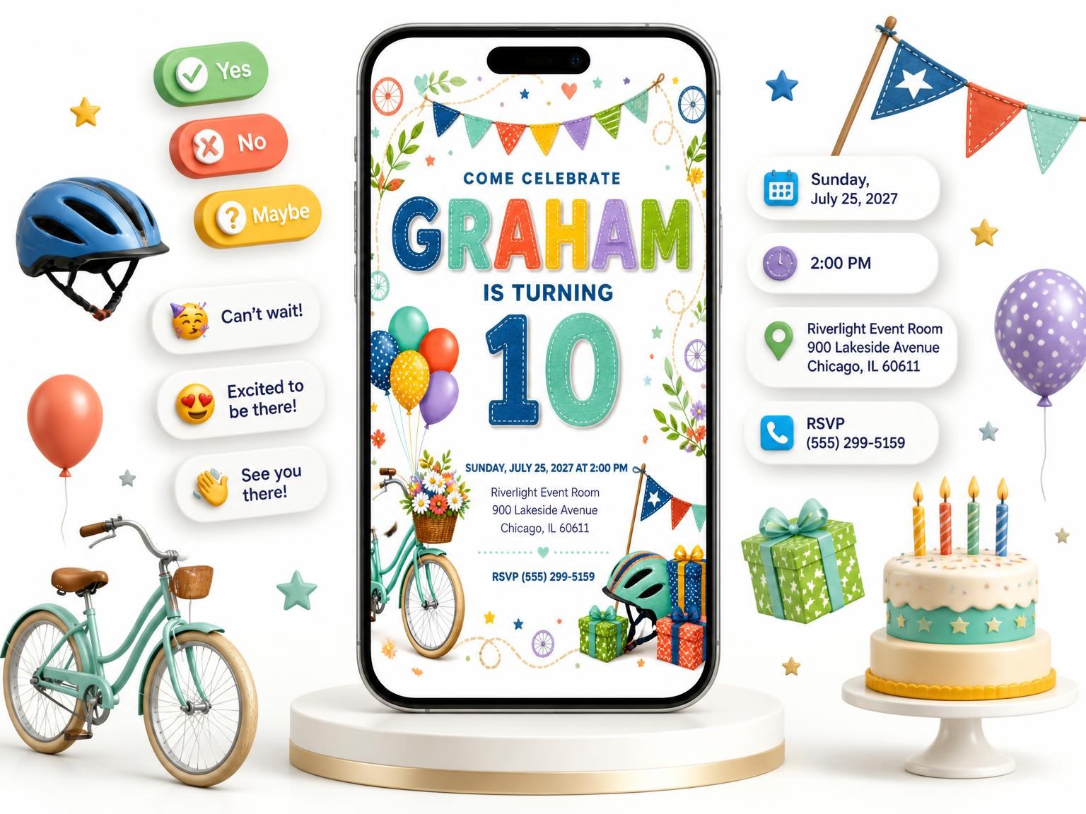 The Stitched Bike Ride 10th Birthday Invitation invitation on a phone, with guest RSVPs arriving around it