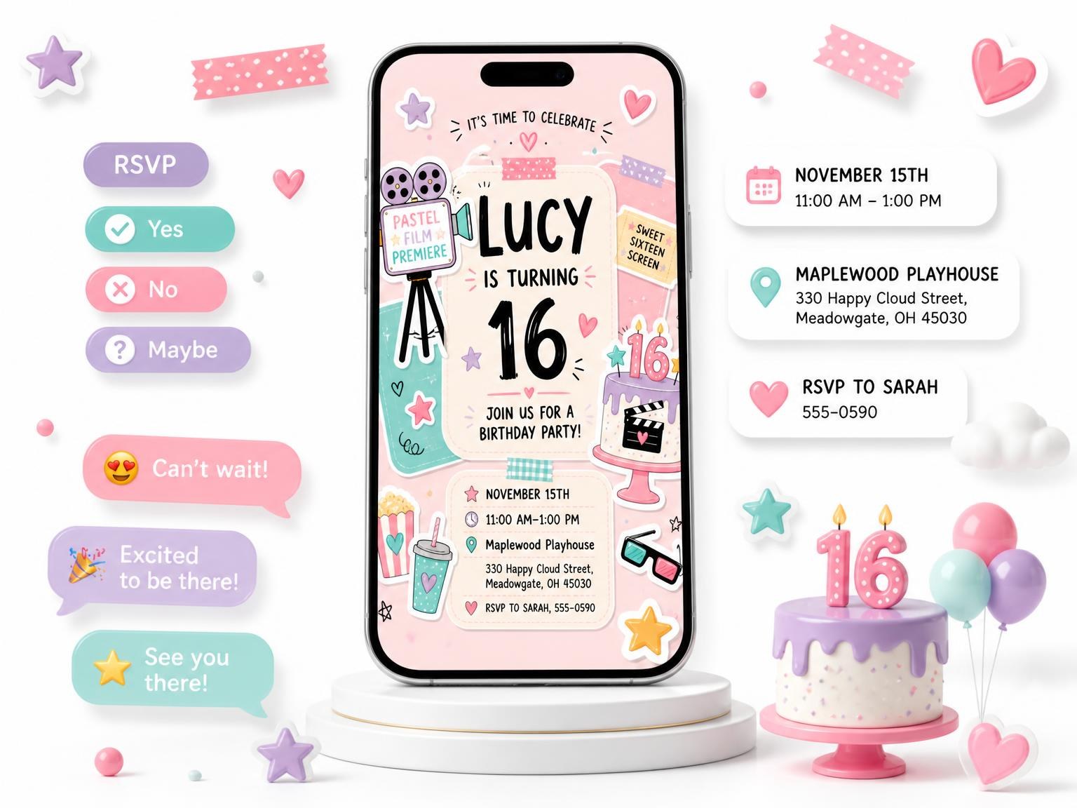 The Movie Camera Pastel 16th Birthday Invitation invitation on a phone, with guest RSVPs arriving around it