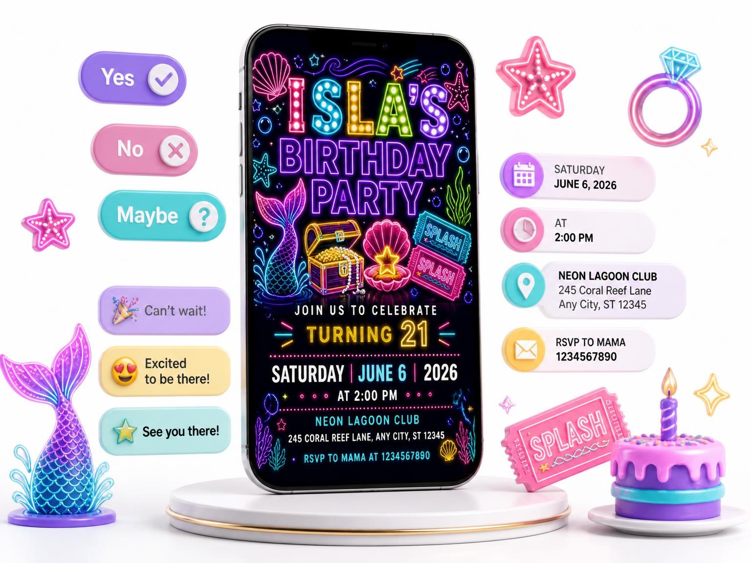 The Neon Mermaid 21st Birthday Invitation invitation on a phone, with guest RSVPs arriving around it