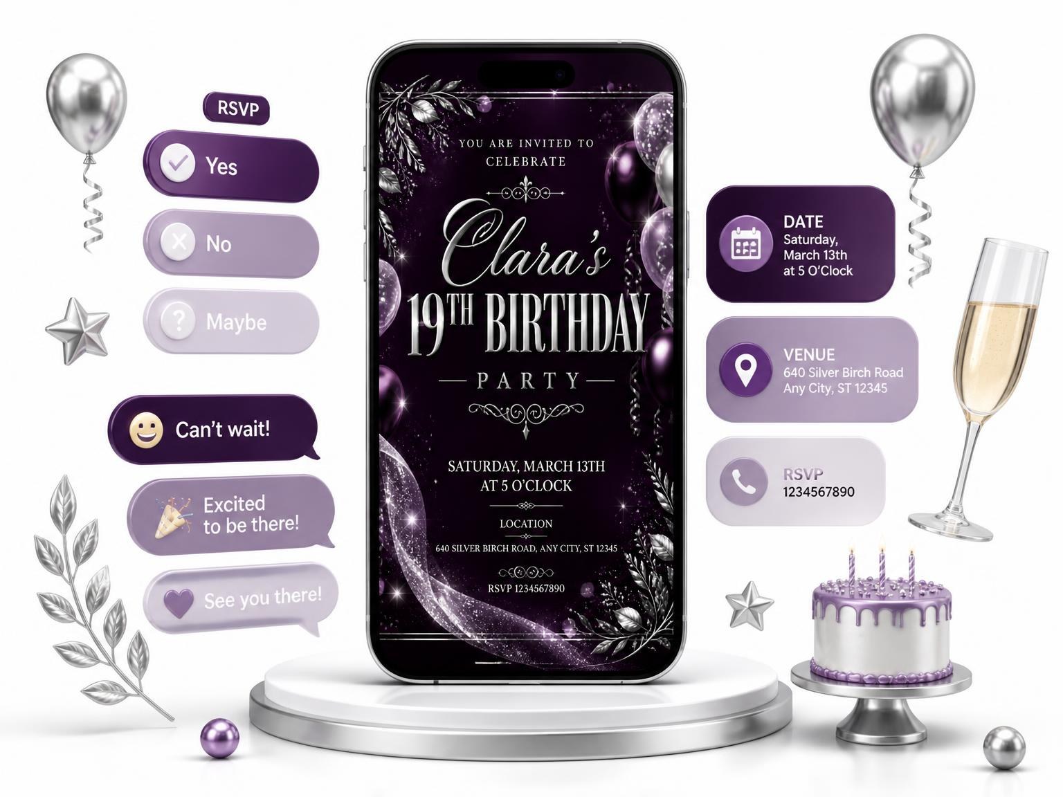 The Plum and Silver 19th Birthday Invitation invitation on a phone, with guest RSVPs arriving around it