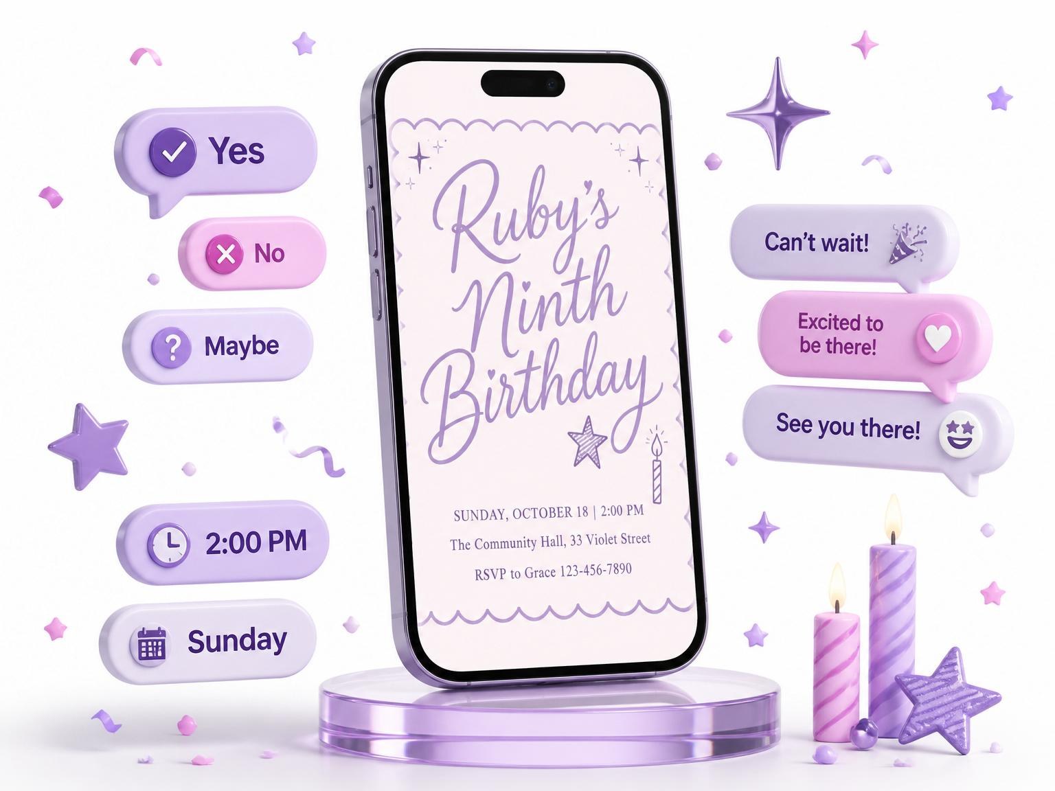 The Pastel Scalloped Star 9th Birthday Invitation invitation on a phone, with guest RSVPs arriving around it