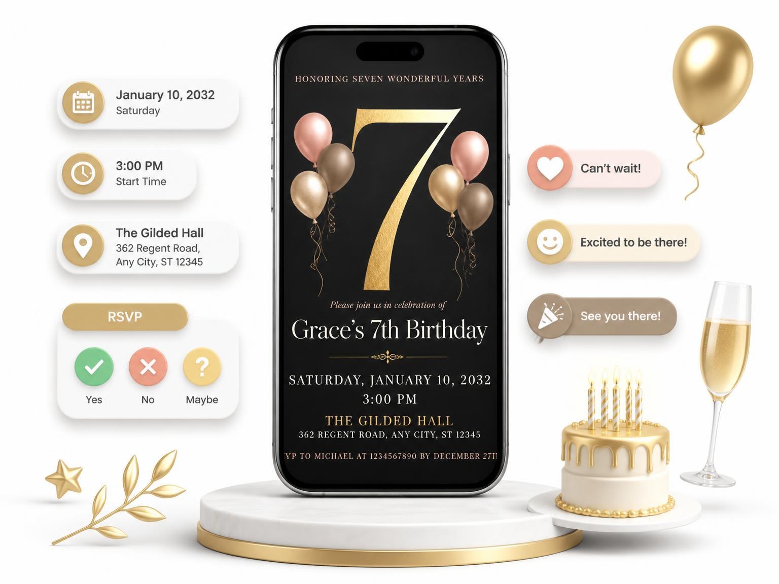 The Charcoal and Blush 7th Birthday Invitation invitation on a phone, with guest RSVPs arriving around it