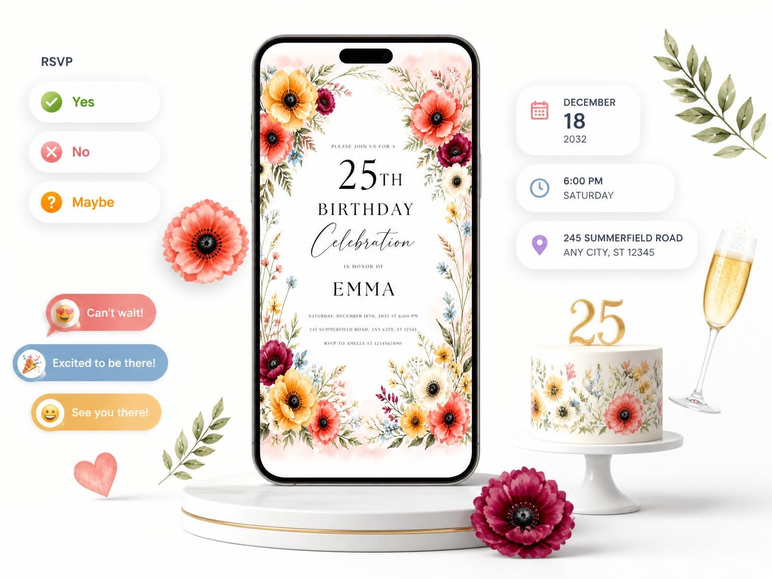 The Floral Garden Golden 25th Birthday Invitation invitation on a phone, with guest RSVPs arriving around it