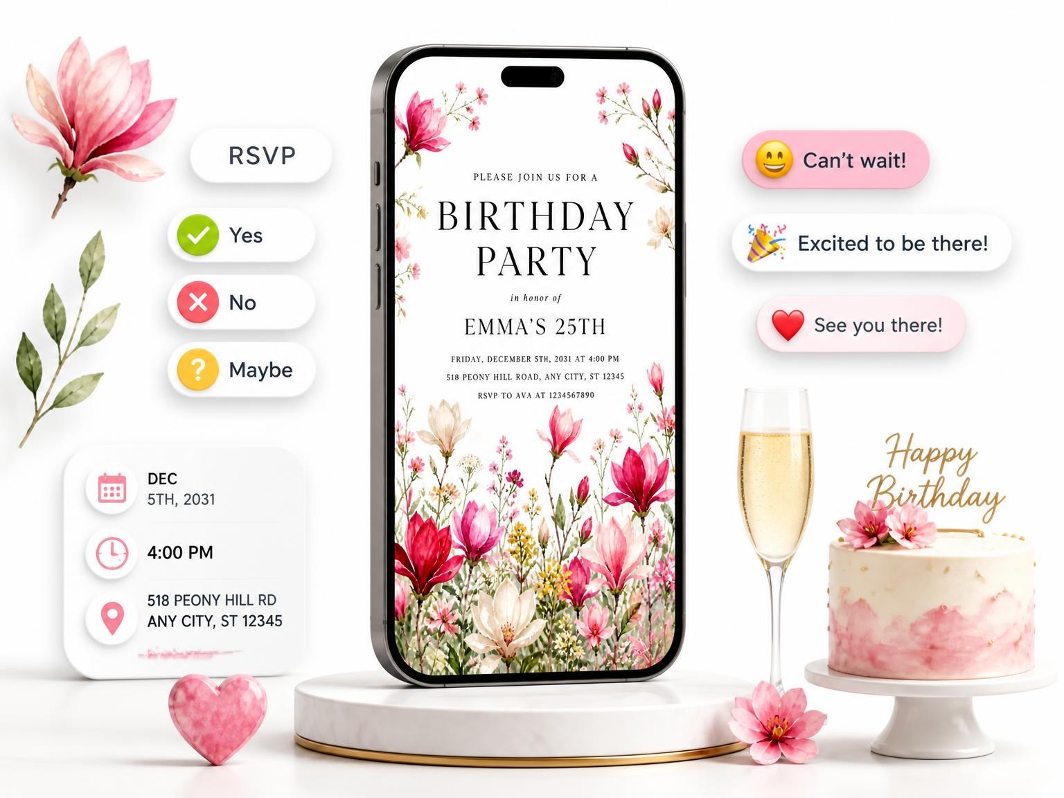 The Garden Meadow Scarlet 25th Birthday Invitation invitation on a phone, with guest RSVPs arriving around it