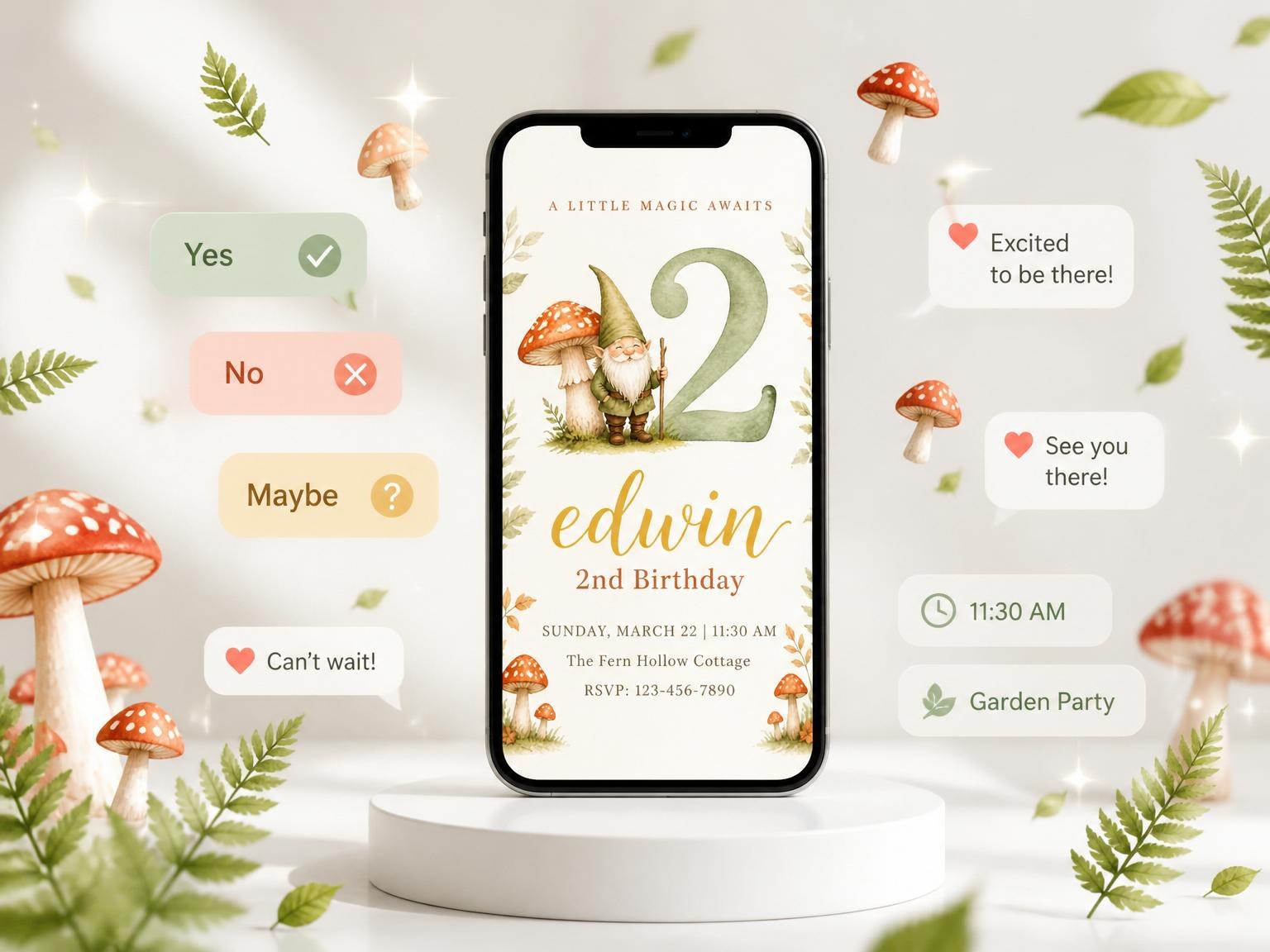 The Watercolor Gnome Garden 2nd Birthday invitation on a phone, with guest RSVPs arriving around it
