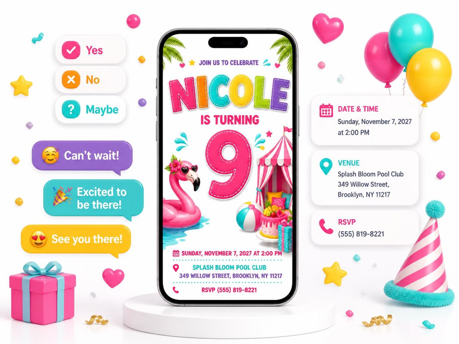 The Stitched Flamingo Pool 9th Birthday Invitation invitation on a phone, with guest RSVPs arriving around it