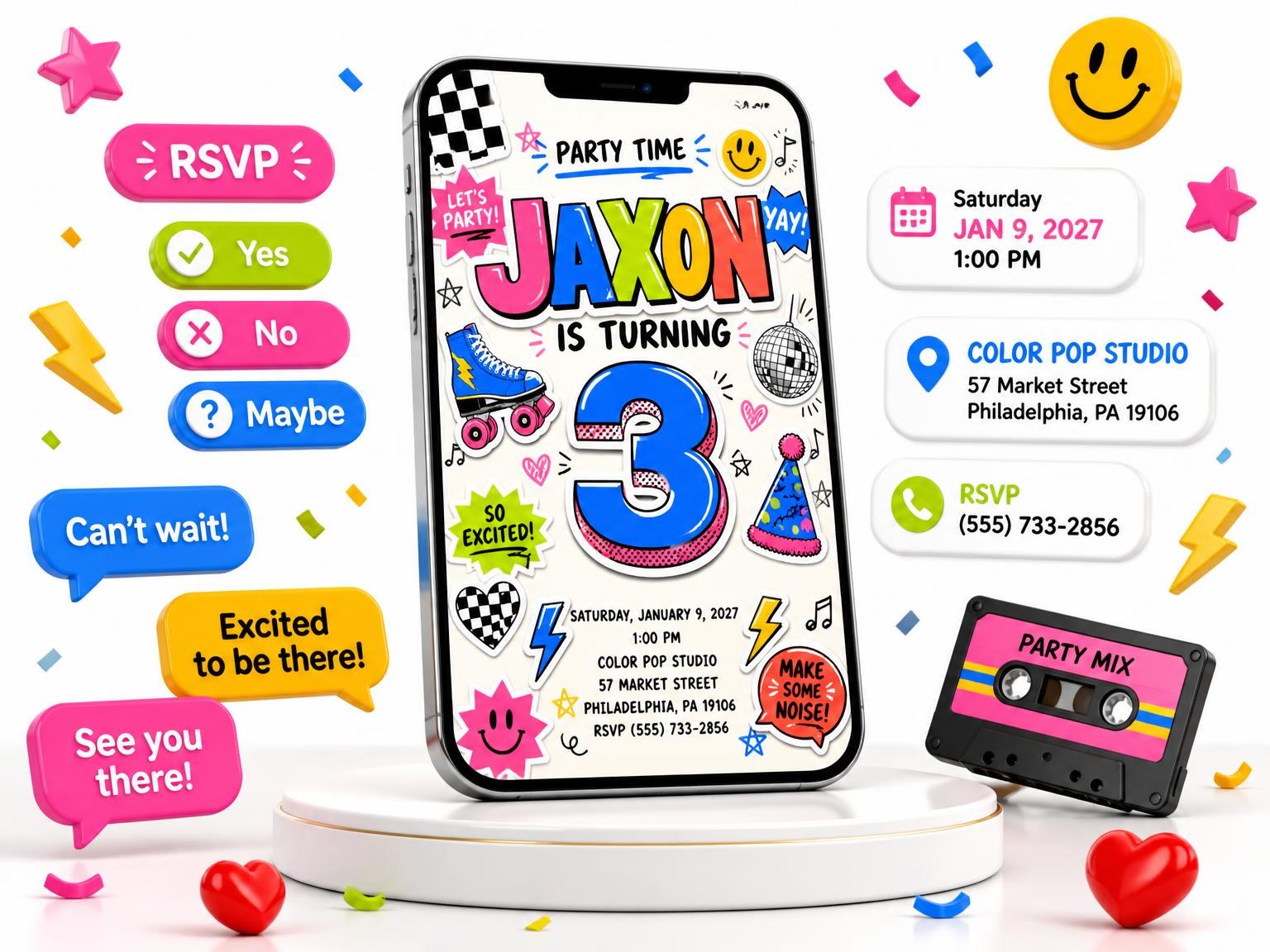 The Sticker Pop 3rd Birthday Invitation invitation on a phone, with guest RSVPs arriving around it