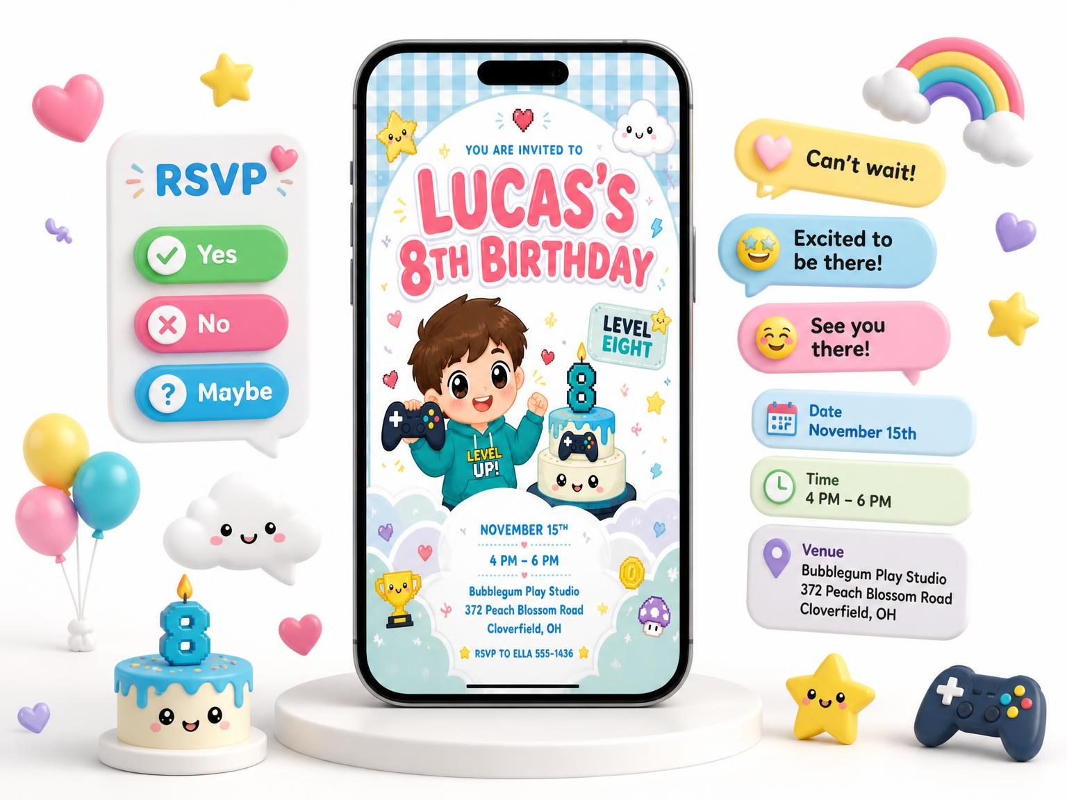 The Pixel Game Kawaii 8th Birthday Invitation invitation on a phone, with guest RSVPs arriving around it