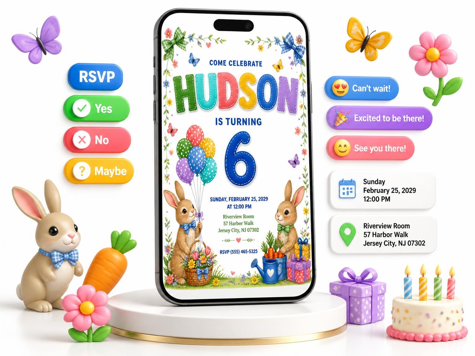 The Stitched Bunny Garden 6th Birthday Invitation invitation on a phone, with guest RSVPs arriving around it
