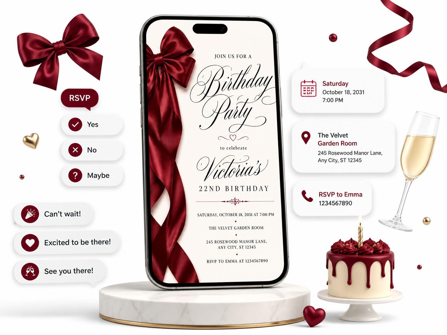 The Burgundy Satin Bow 22nd Birthday Invitation invitation on a phone, with guest RSVPs arriving around it