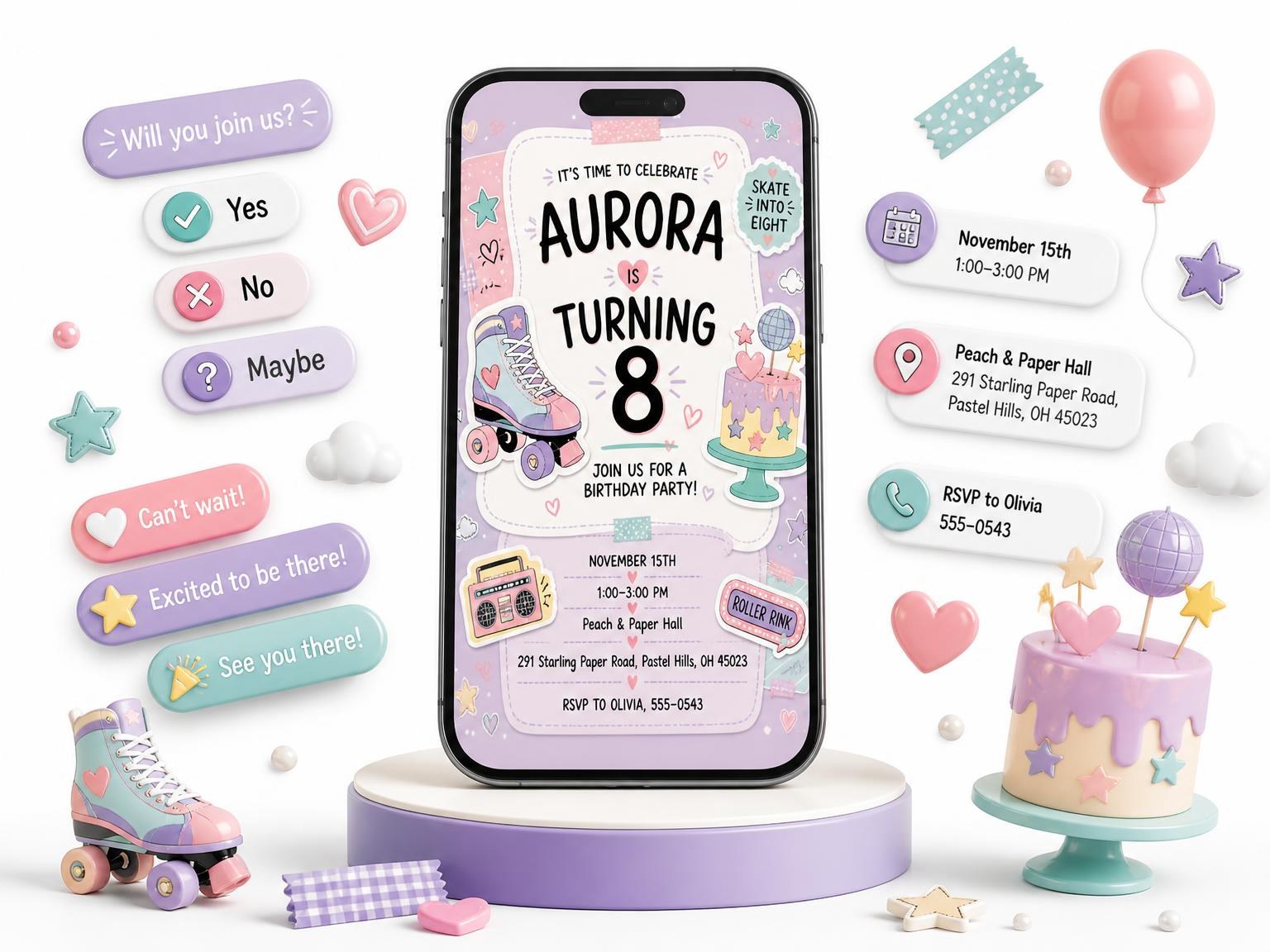 The Roller Skate Pastel 8th Birthday Invitation invitation on a phone, with guest RSVPs arriving around it