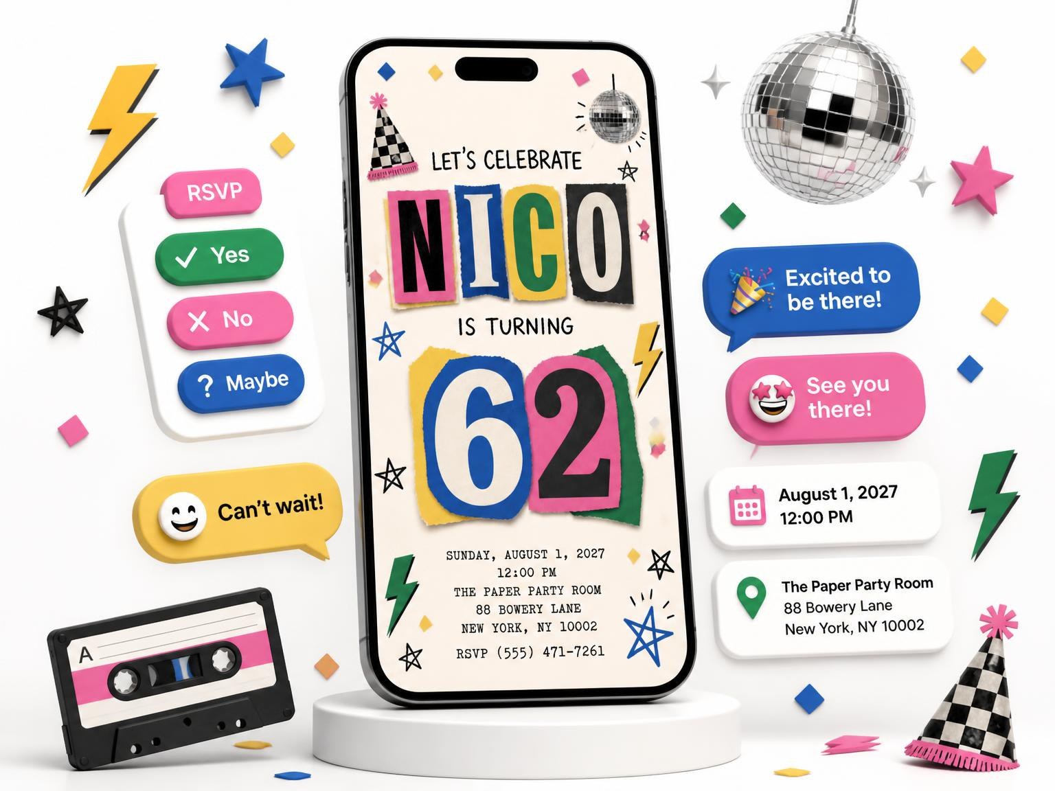 The Retro Paper Collage 62nd Birthday Invitation invitation on a phone, with guest RSVPs arriving around it