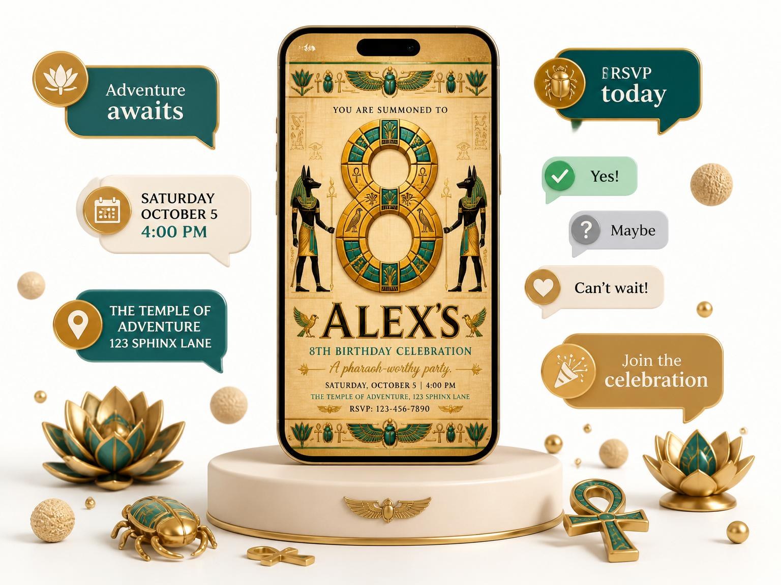 The Gold Papyrus Egyptian 8th Birthday invitation on a phone, with guest RSVPs arriving around it