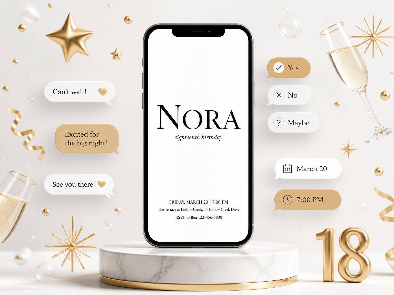 The Minimalist Black Serif 18th Birthday invitation on a phone, with guest RSVPs arriving around it